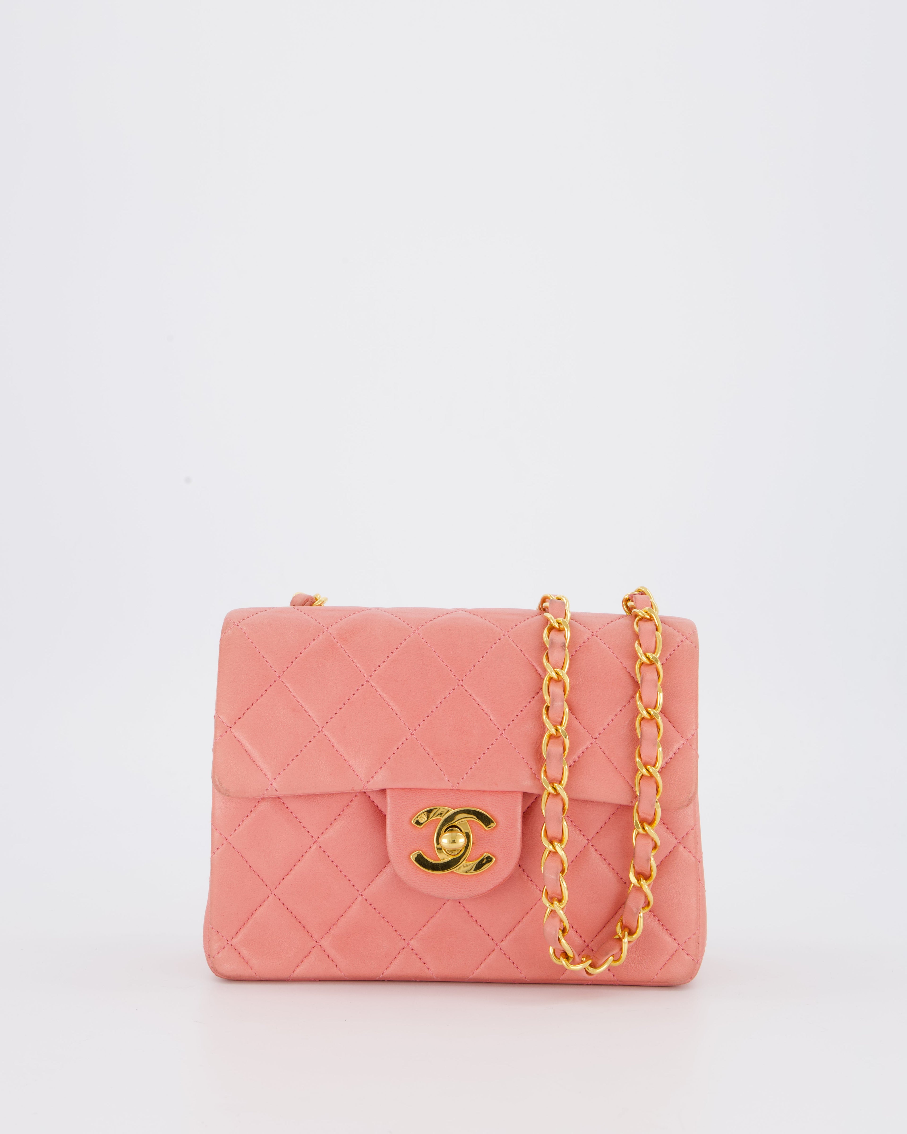 Chanel Pink Vintage Mini Square Single Flap Bag In Lambskin Leather With 24K Gold Hardware