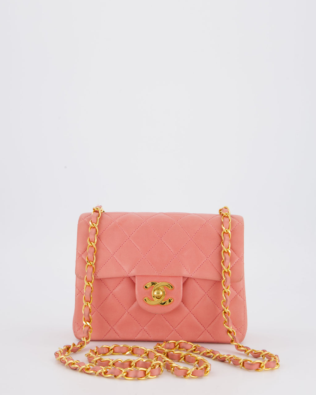 Chanel Pink Vintage Mini Square Single Flap Bag In Lambskin Leather With 24K Gold Hardware