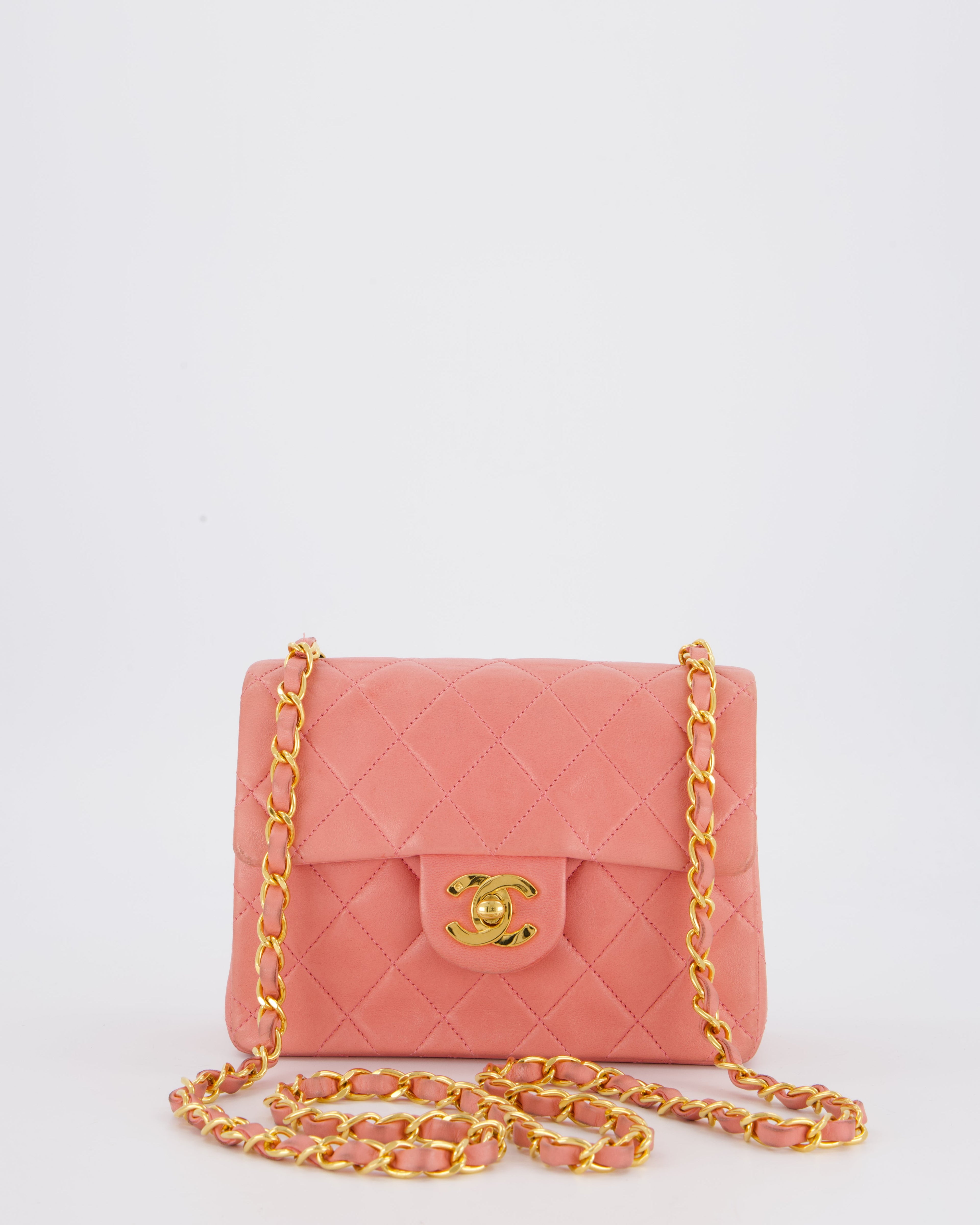 Chanel Pink Vintage Mini Square Single Flap Bag In Lambskin Leather With 24K Gold Hardware