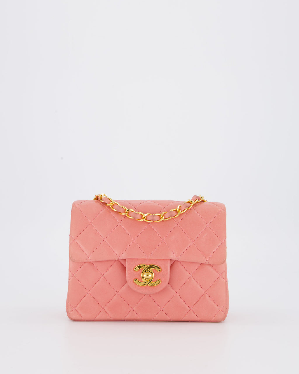 Chanel Pink Vintage Mini Square Single Flap Bag In Lambskin Leather With 24K Gold Hardware