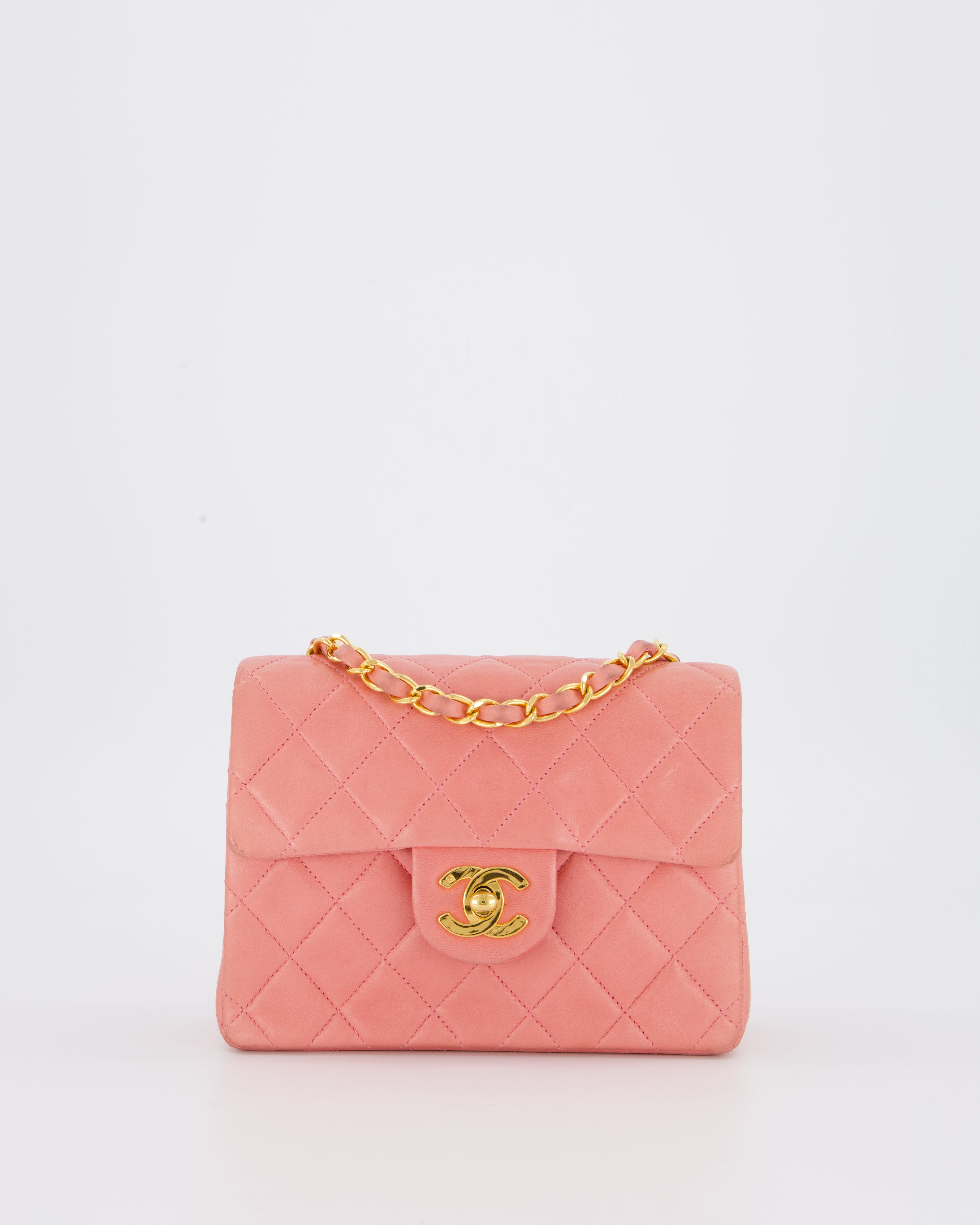 Chanel Pink Vintage Mini Square Single Flap Bag In Lambskin Leather With 24K Gold Hardware
