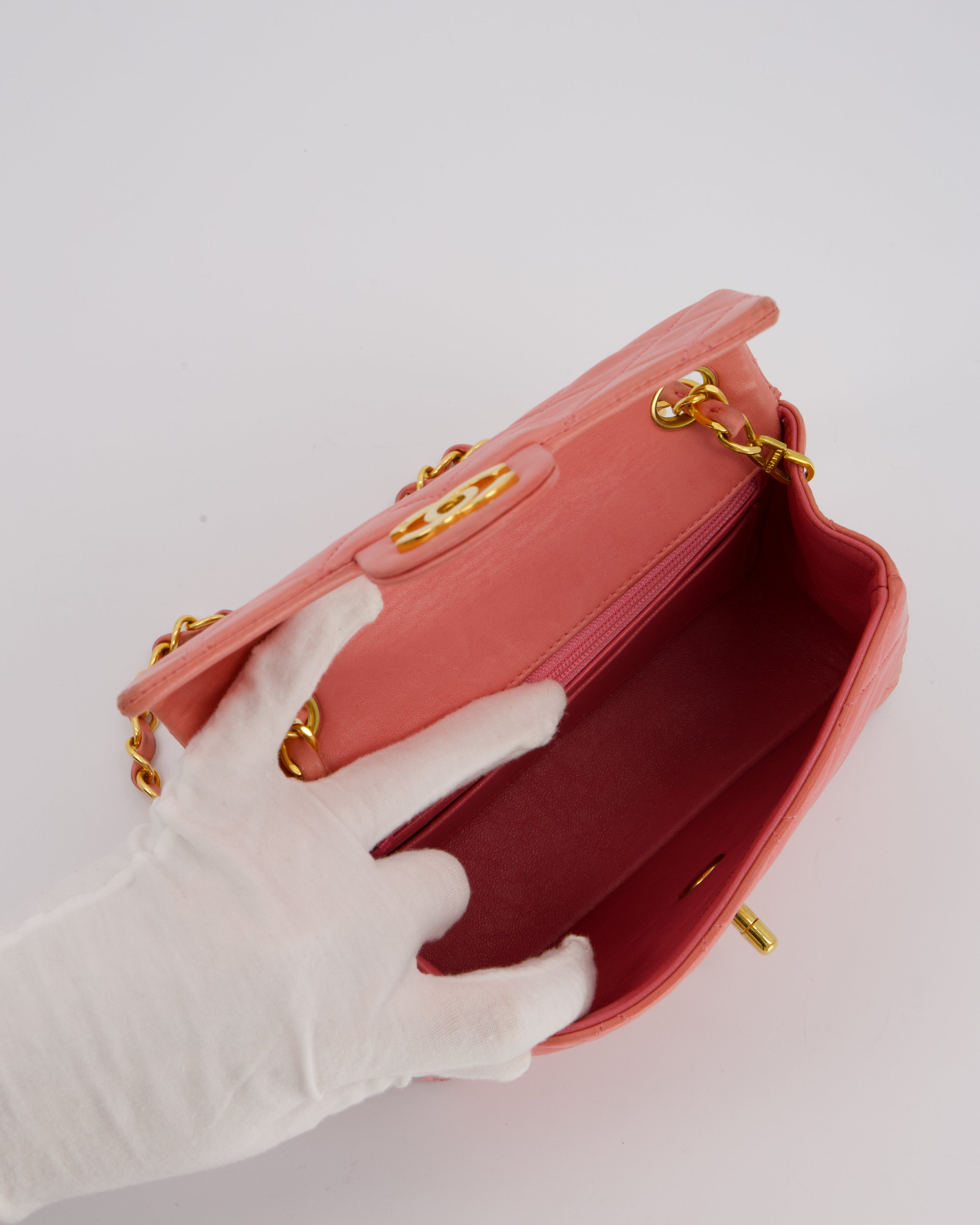 Chanel Pink Vintage Mini Square Single Flap Bag In Lambskin Leather With 24K Gold Hardware