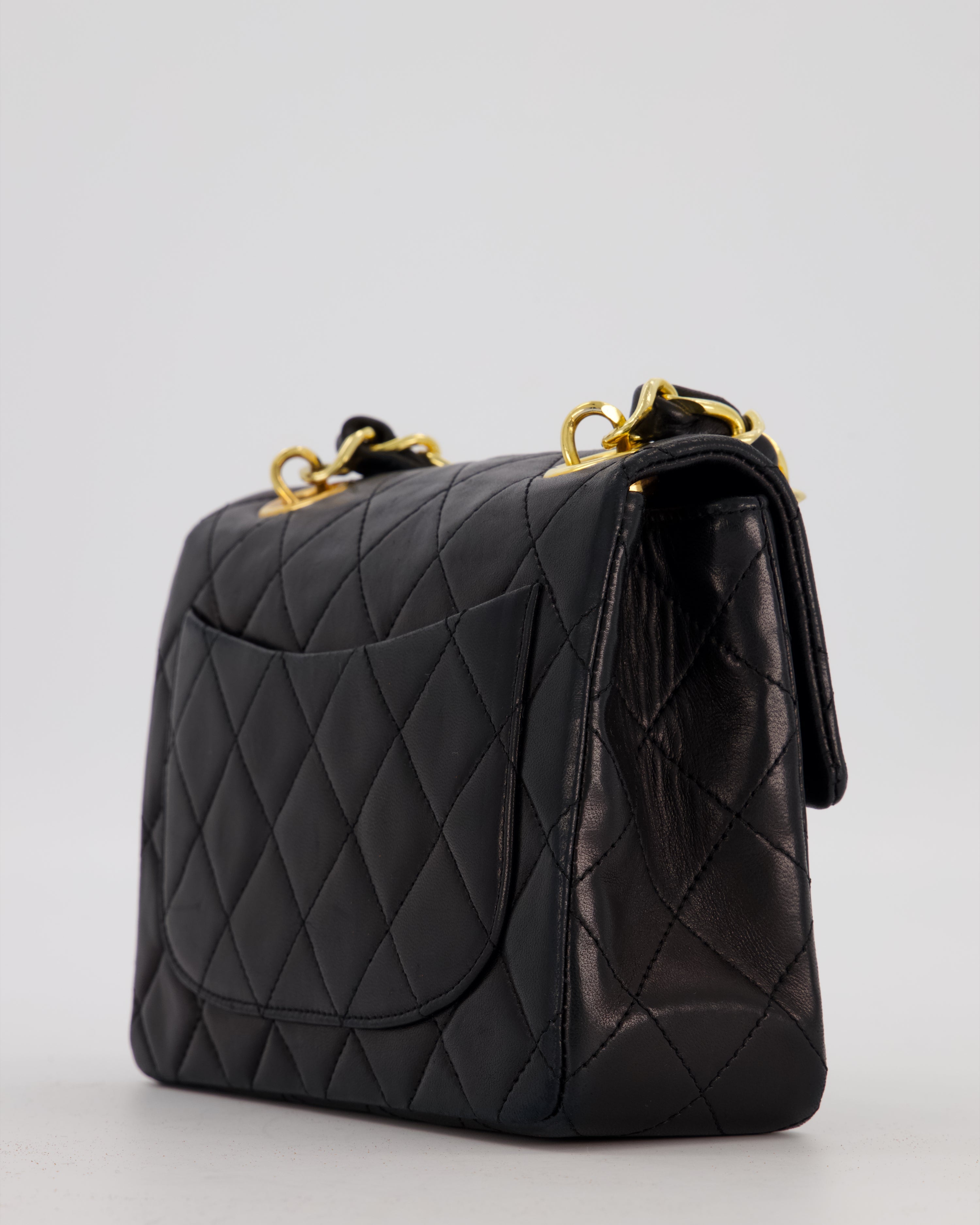 Chanel Black Mini Square Top Handle Bag in Lambskin Leather with 24K Gold Hardware