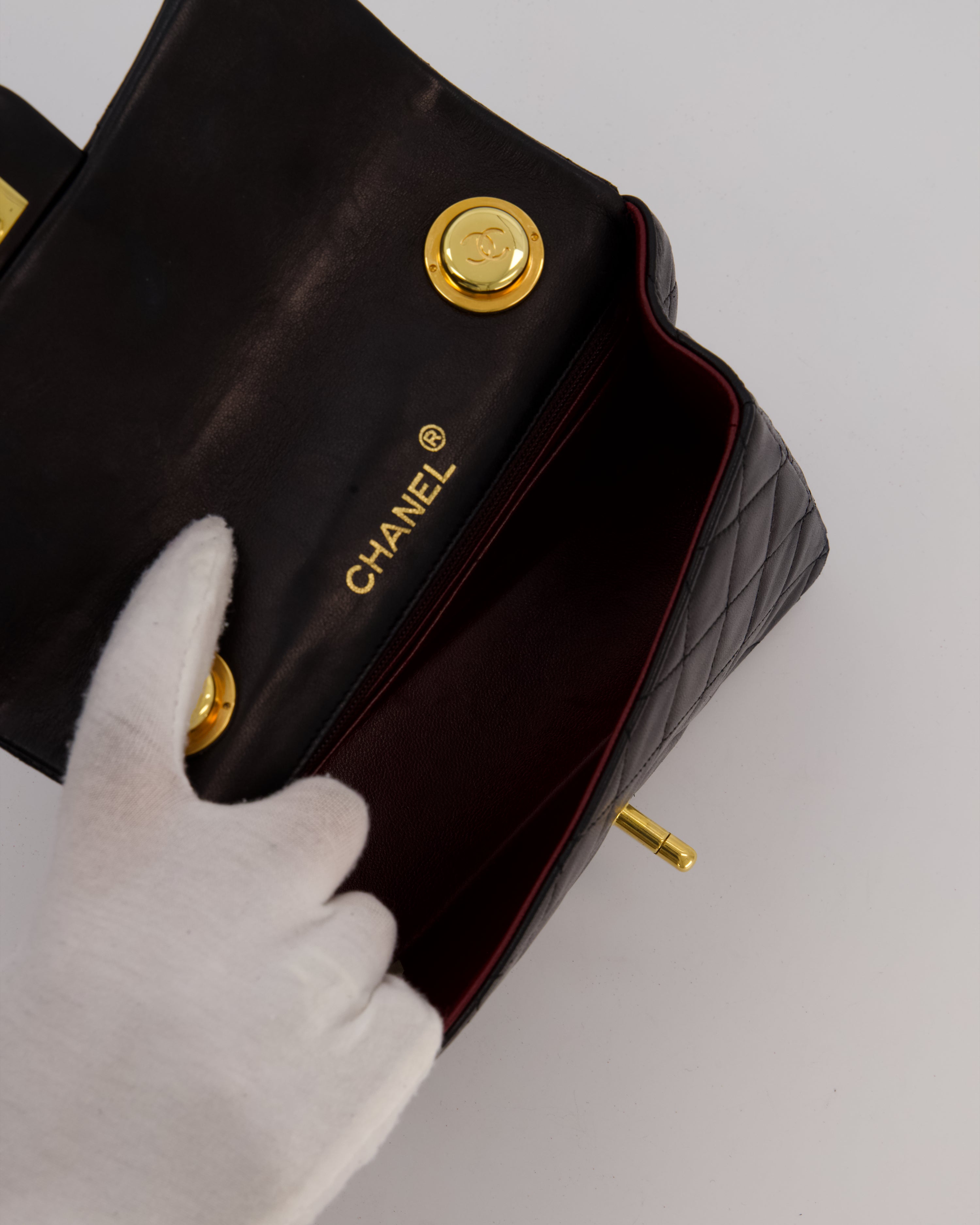 Chanel Black Mini Square Top Handle Bag in Lambskin Leather with 24K Gold Hardware
