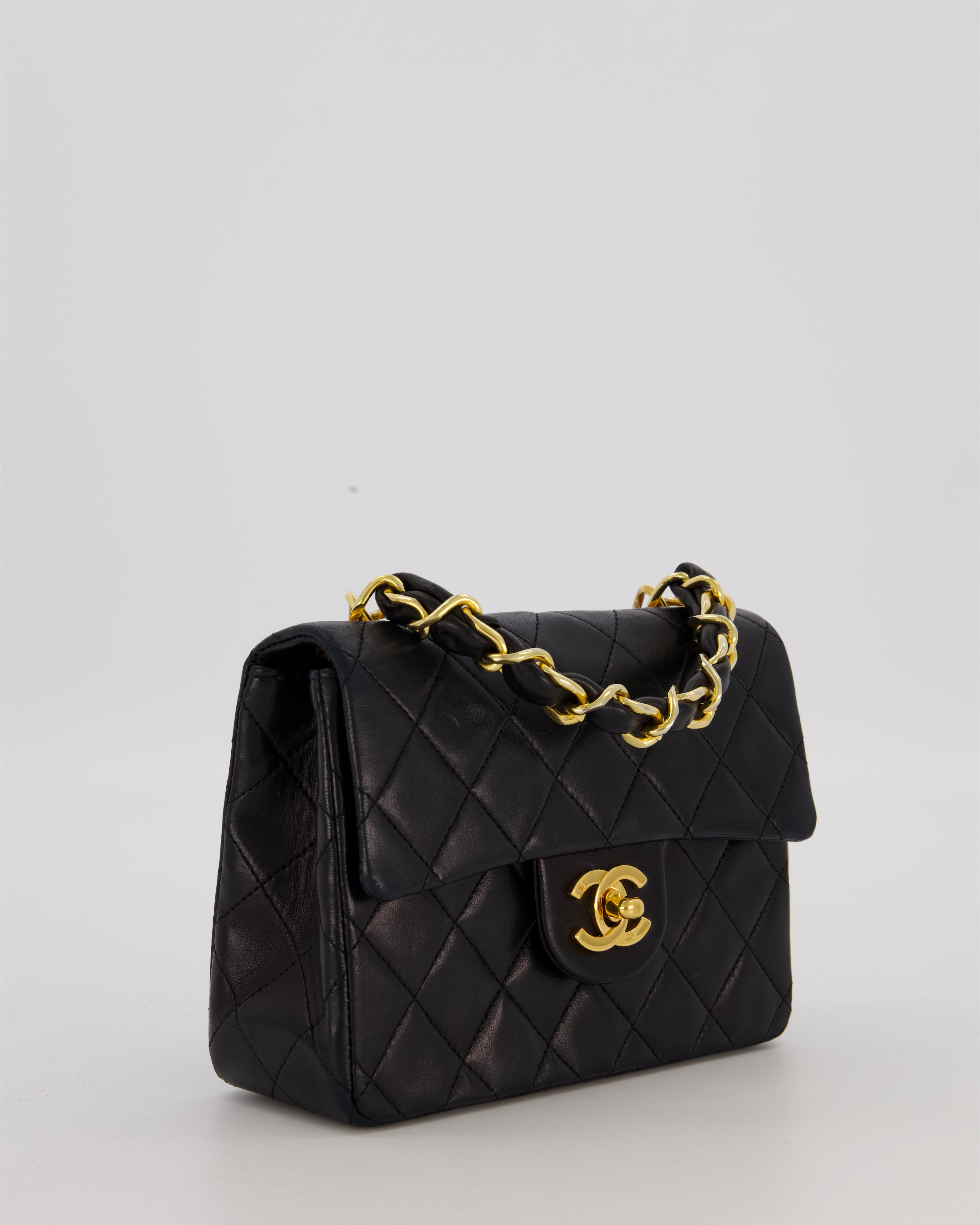 Chanel Black Mini Square Top Handle Bag in Lambskin Leather with 24K Gold Hardware