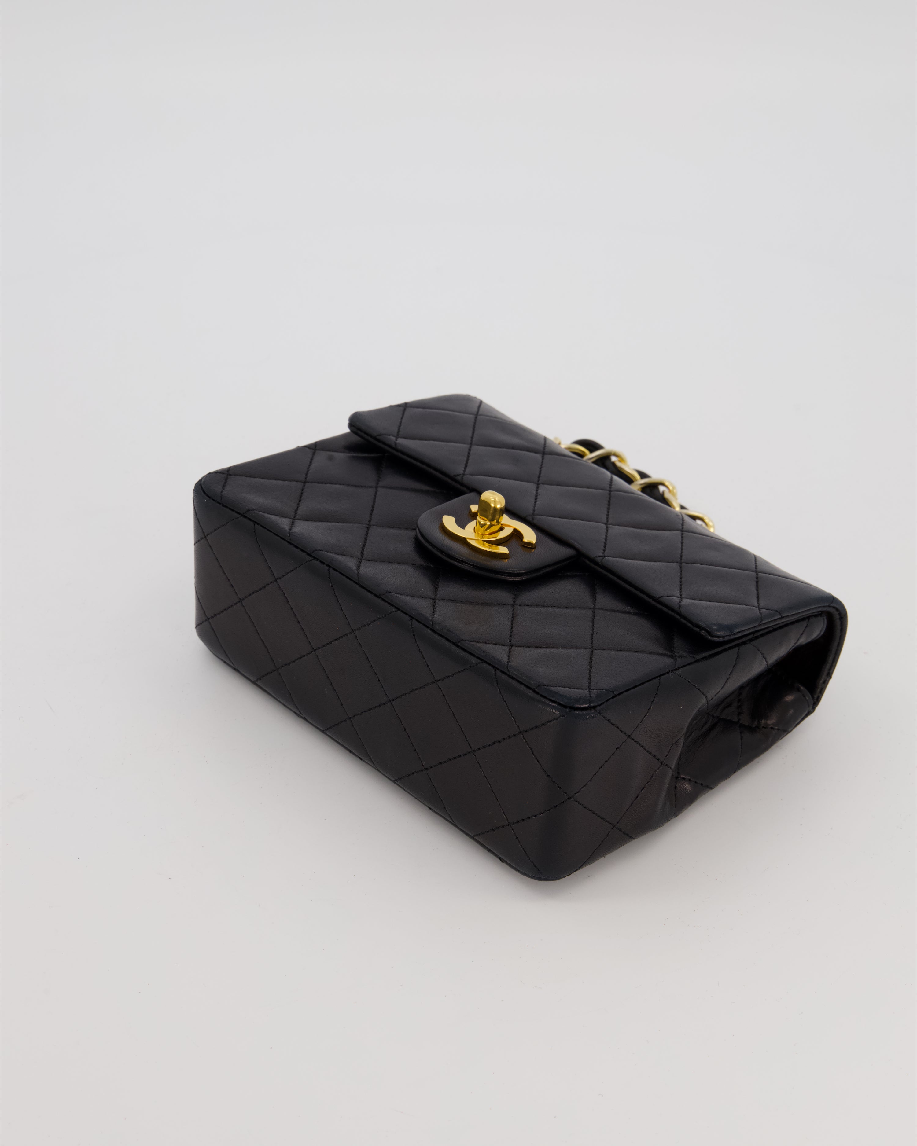 Chanel Black Mini Square Top Handle Bag in Lambskin Leather with 24K Gold Hardware