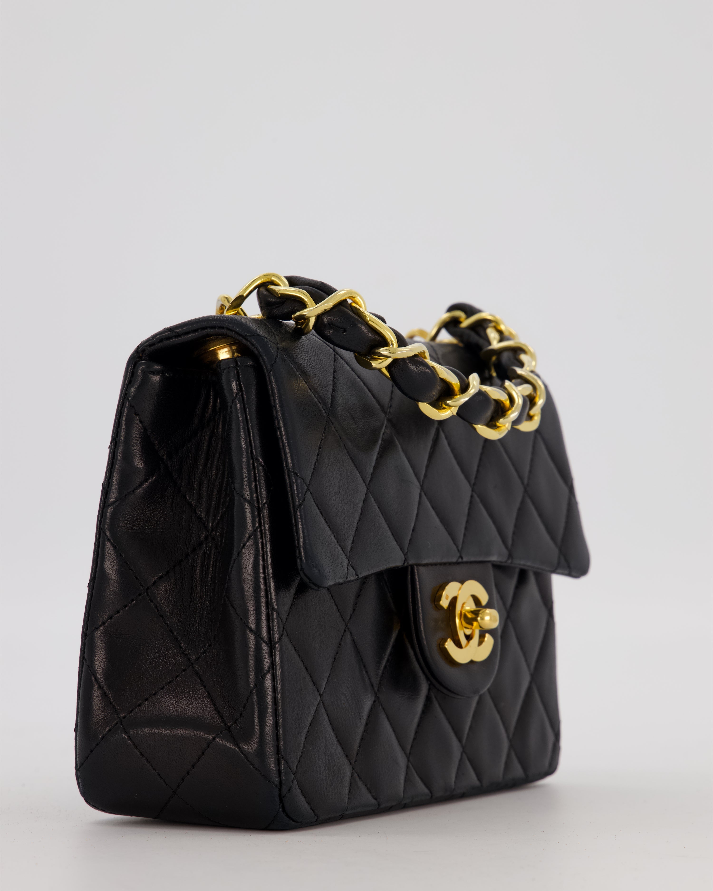 Chanel Black Mini Square Top Handle Bag in Lambskin Leather with 24K Gold Hardware