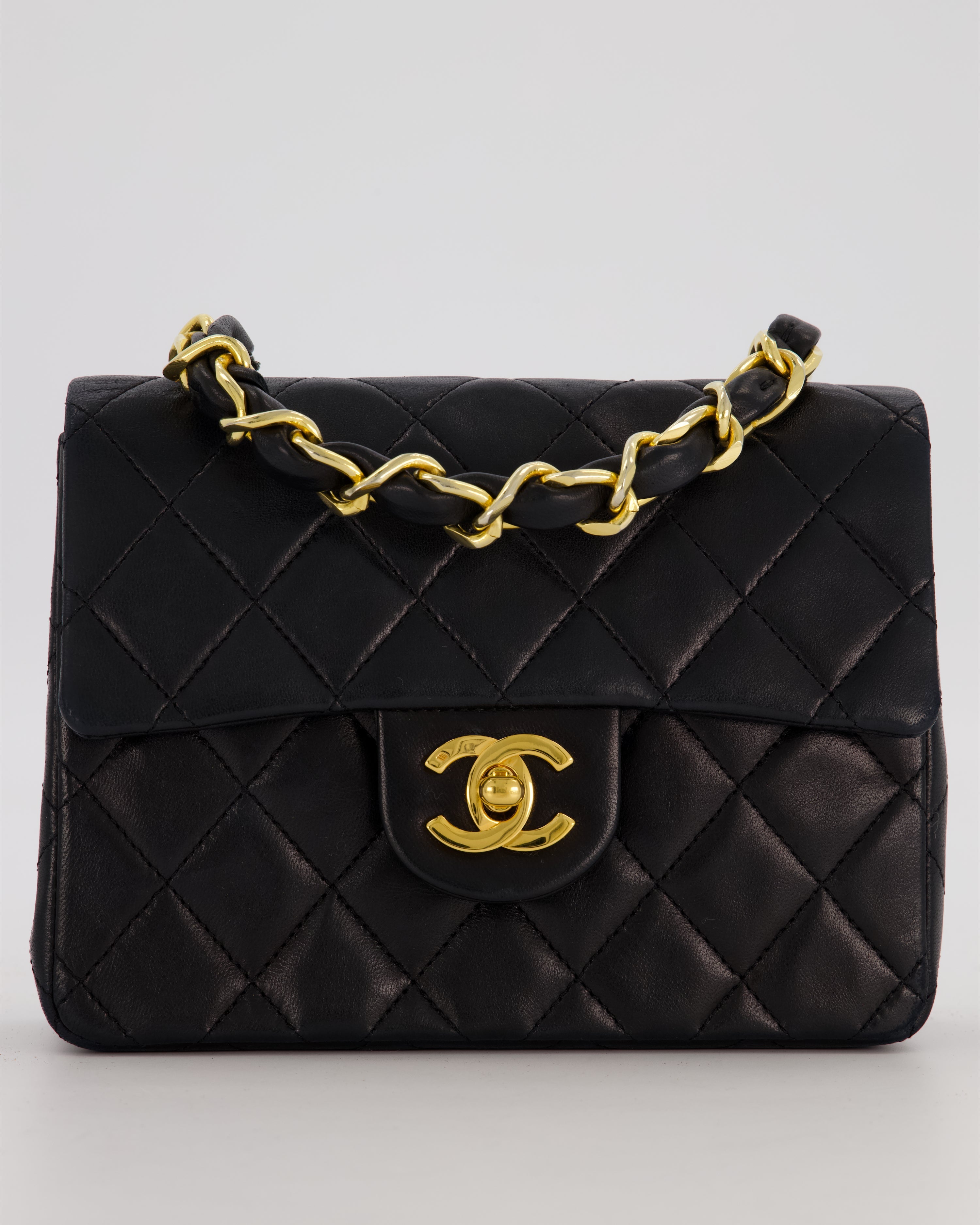Chanel Black Mini Square Top Handle Bag in Lambskin Leather with 24K Gold Hardware