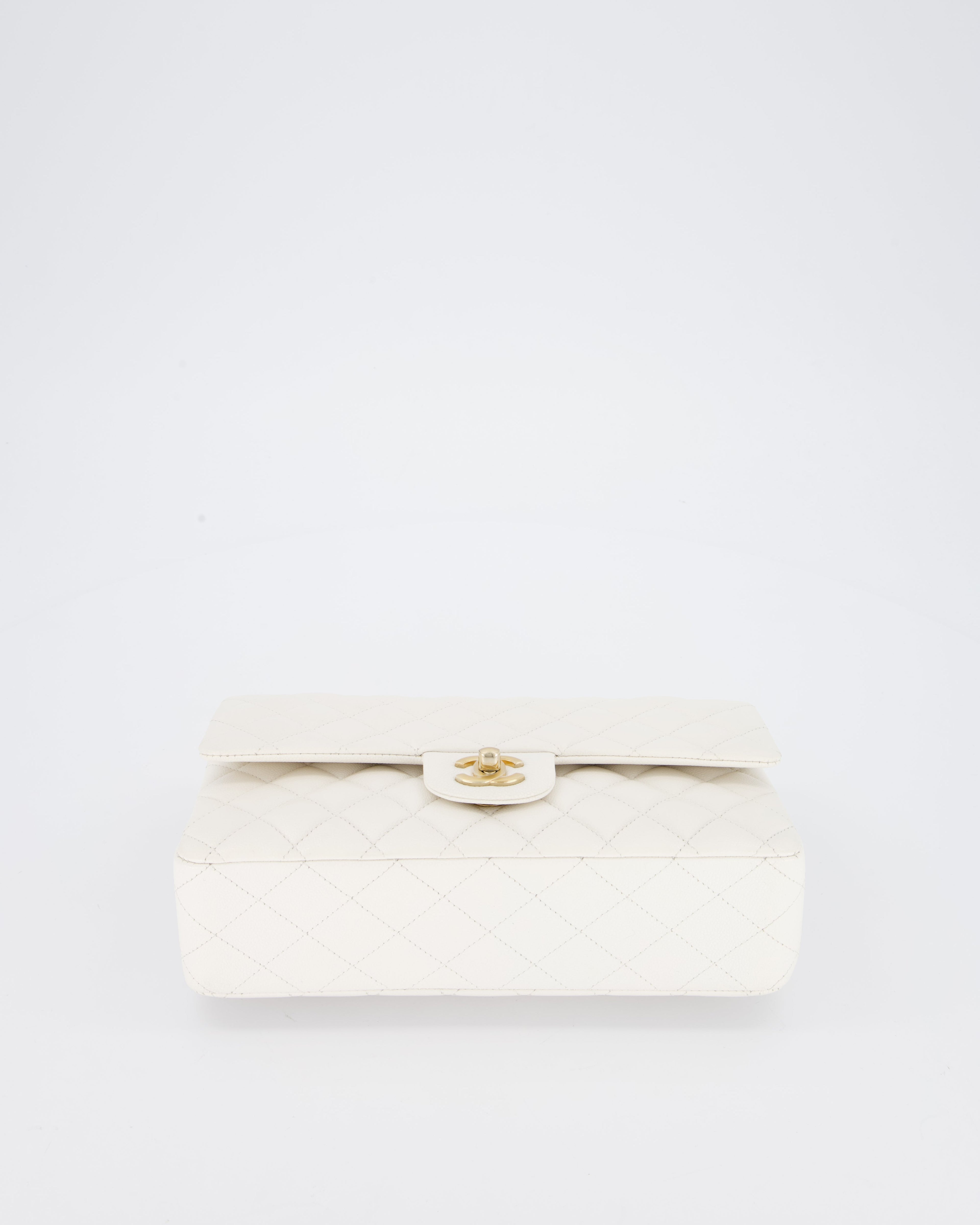Chanel White Medium Classic Double Flap Bag in Caviar Leather with Champagne Gold Hardware