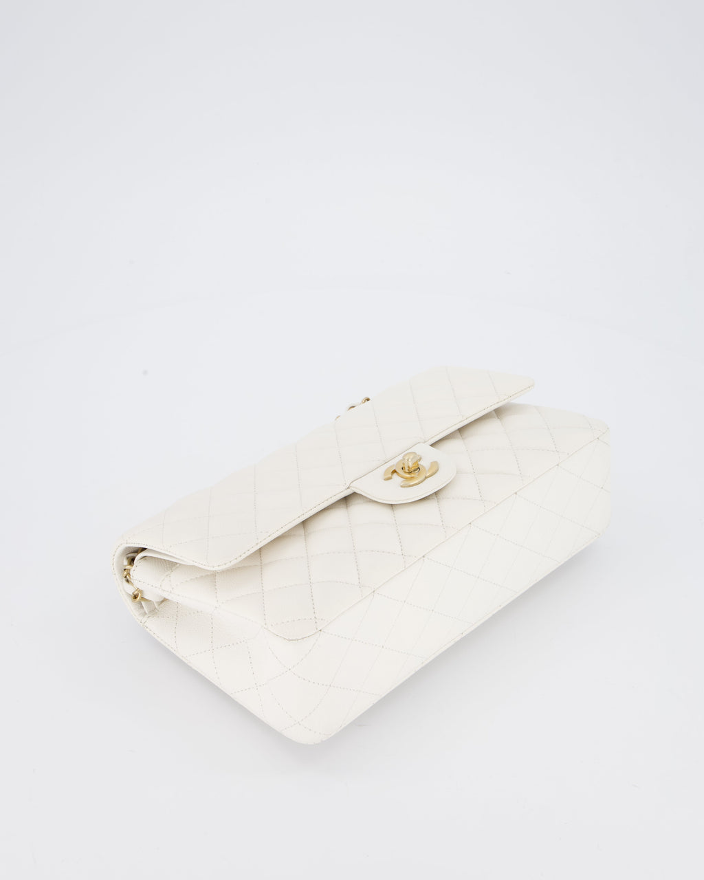 Chanel White Medium Classic Double Flap Bag in Caviar Leather with Champagne Gold Hardware