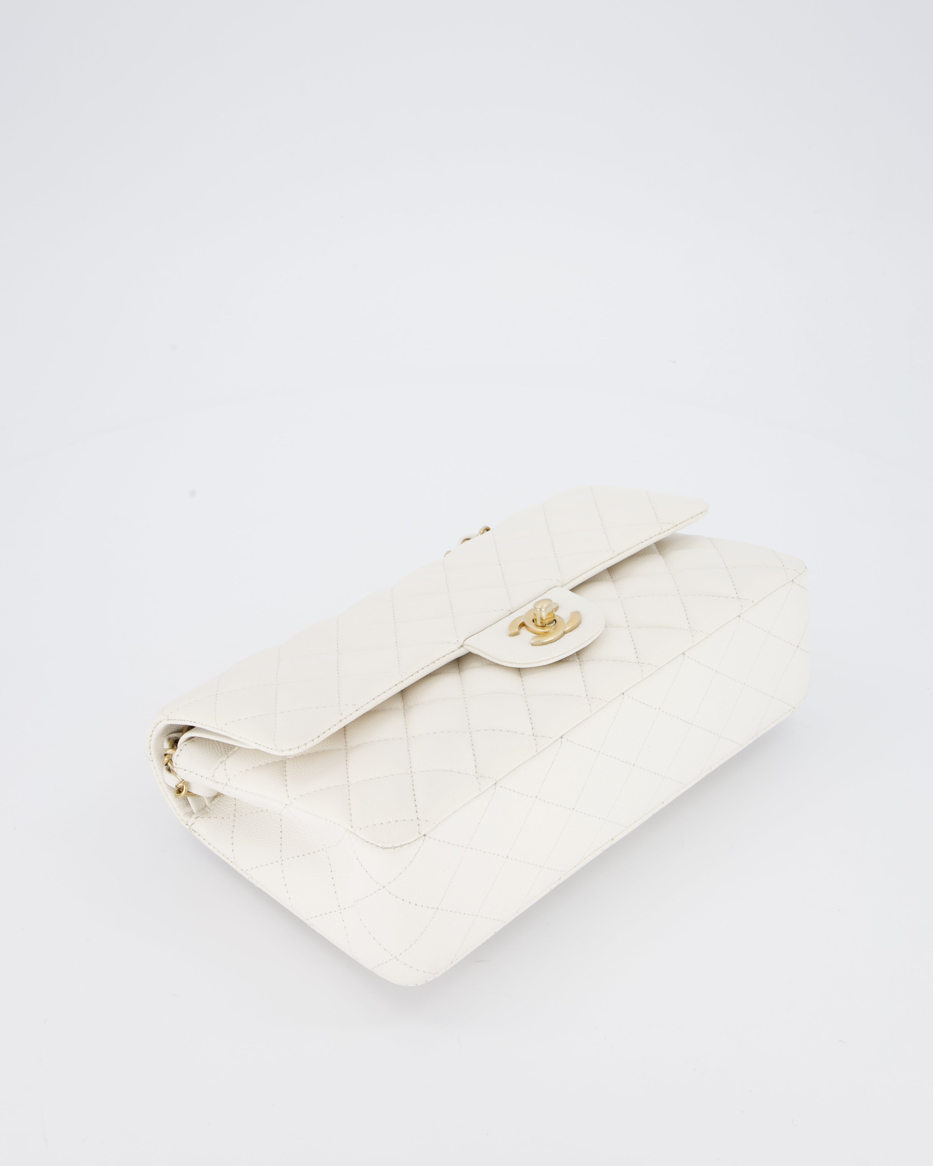 Chanel White Medium Classic Double Flap Bag in Caviar Leather with Champagne Gold Hardware