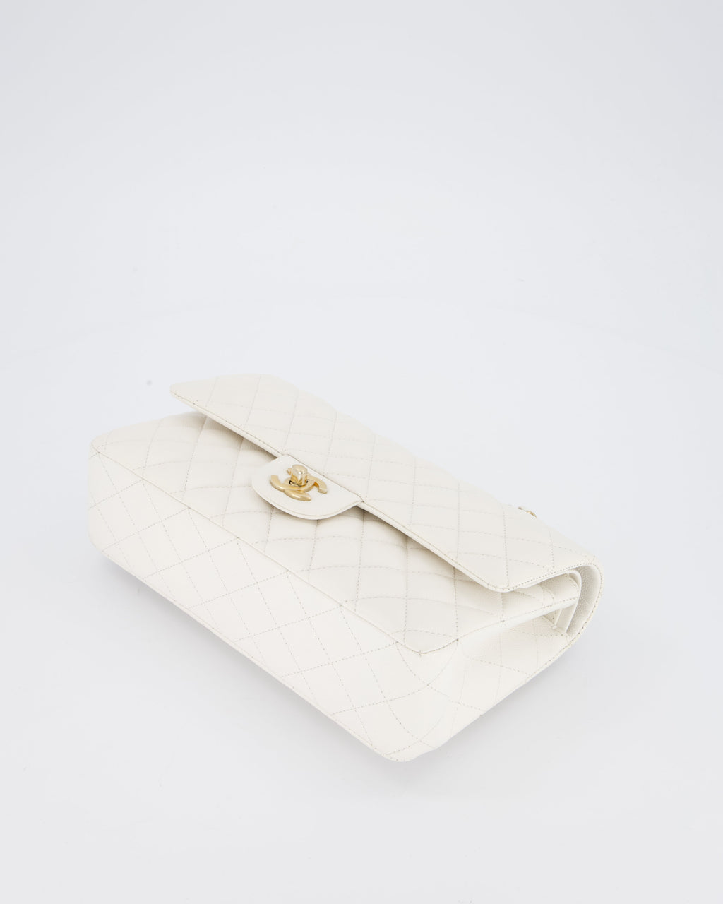 Chanel White Medium Classic Double Flap Bag in Caviar Leather with Champagne Gold Hardware