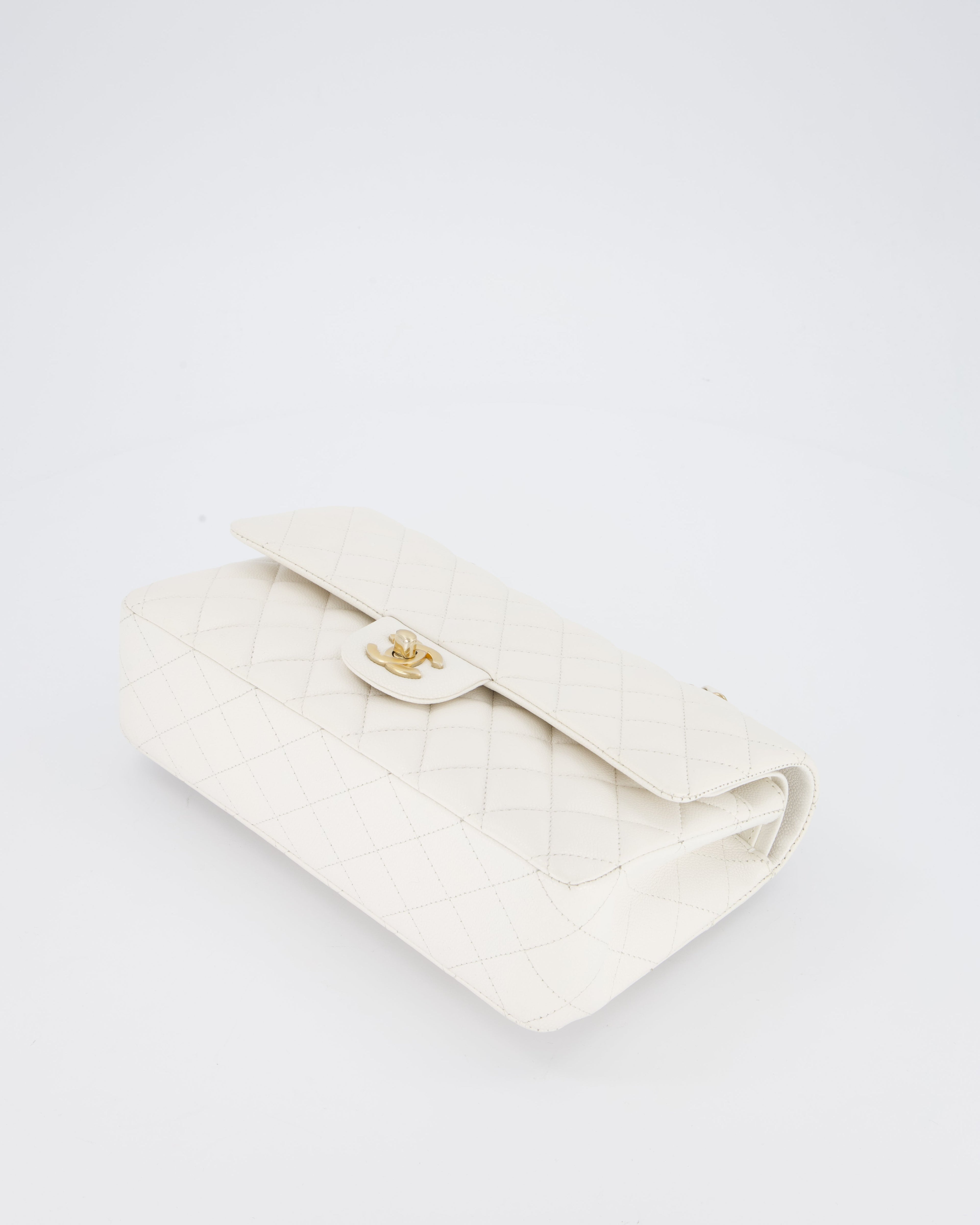 Chanel White Medium Classic Double Flap Bag in Caviar Leather with Champagne Gold Hardware