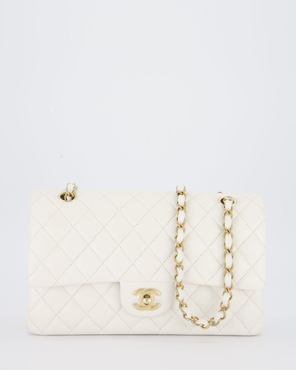 Chanel White Medium Classic Double Flap Bag in Caviar Leather with Champagne Gold Hardware