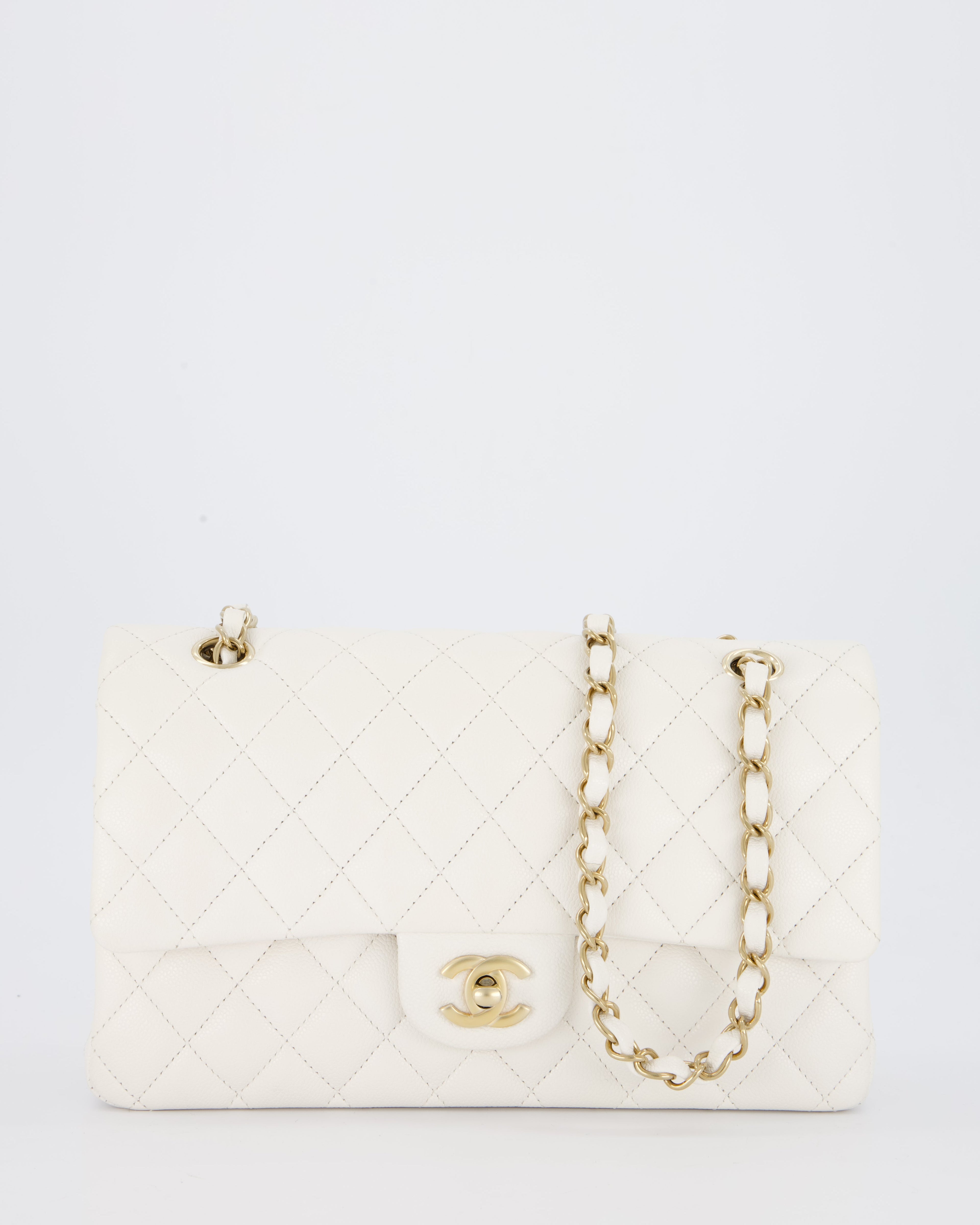 Chanel White Medium Classic Double Flap Bag in Caviar Leather with Champagne Gold Hardware