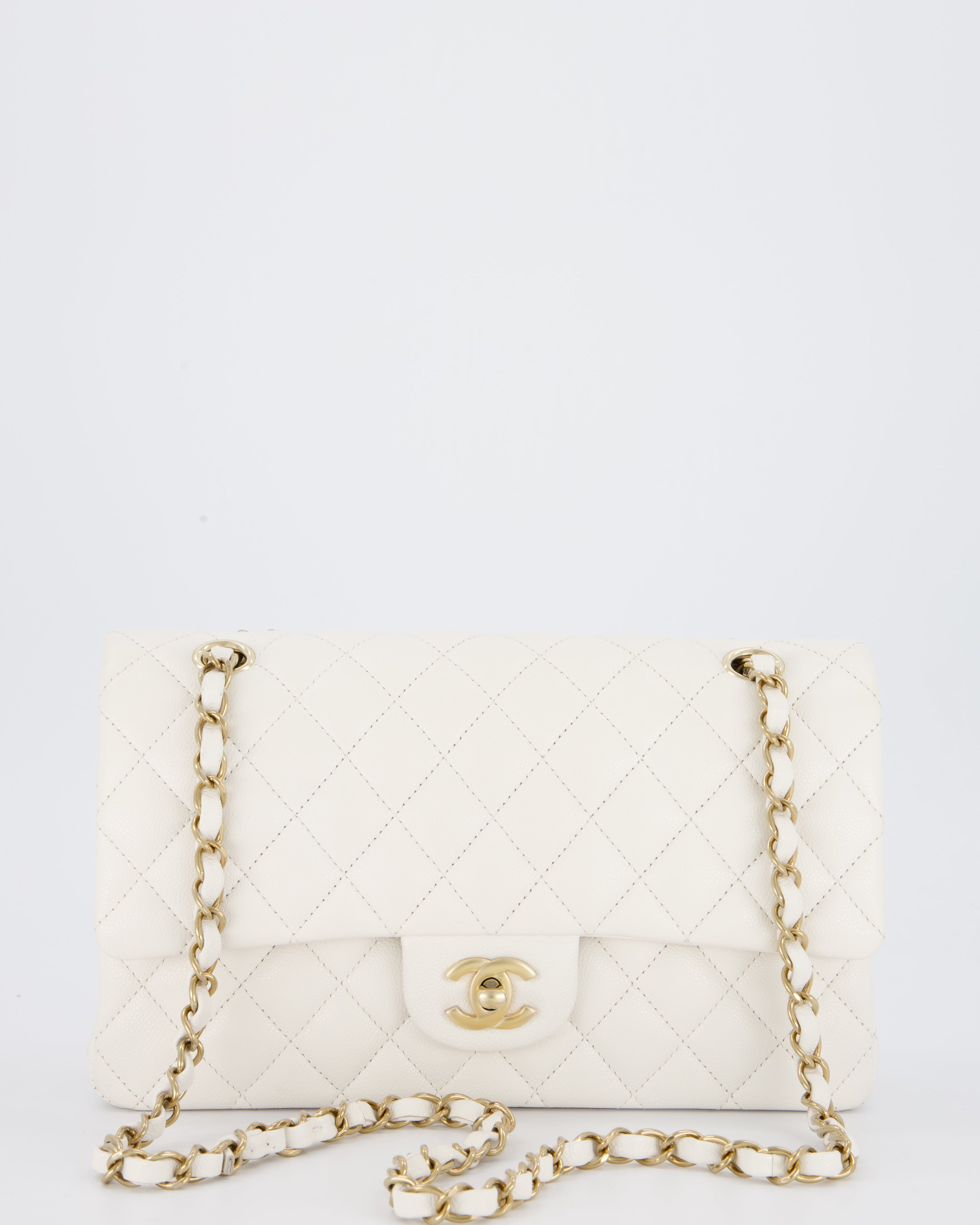 Chanel White Medium Classic Double Flap Bag in Caviar Leather with Champagne Gold Hardware