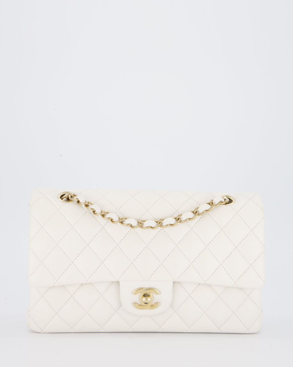 Chanel White Medium Classic Double Flap Bag in Caviar Leather with Champagne Gold Hardware