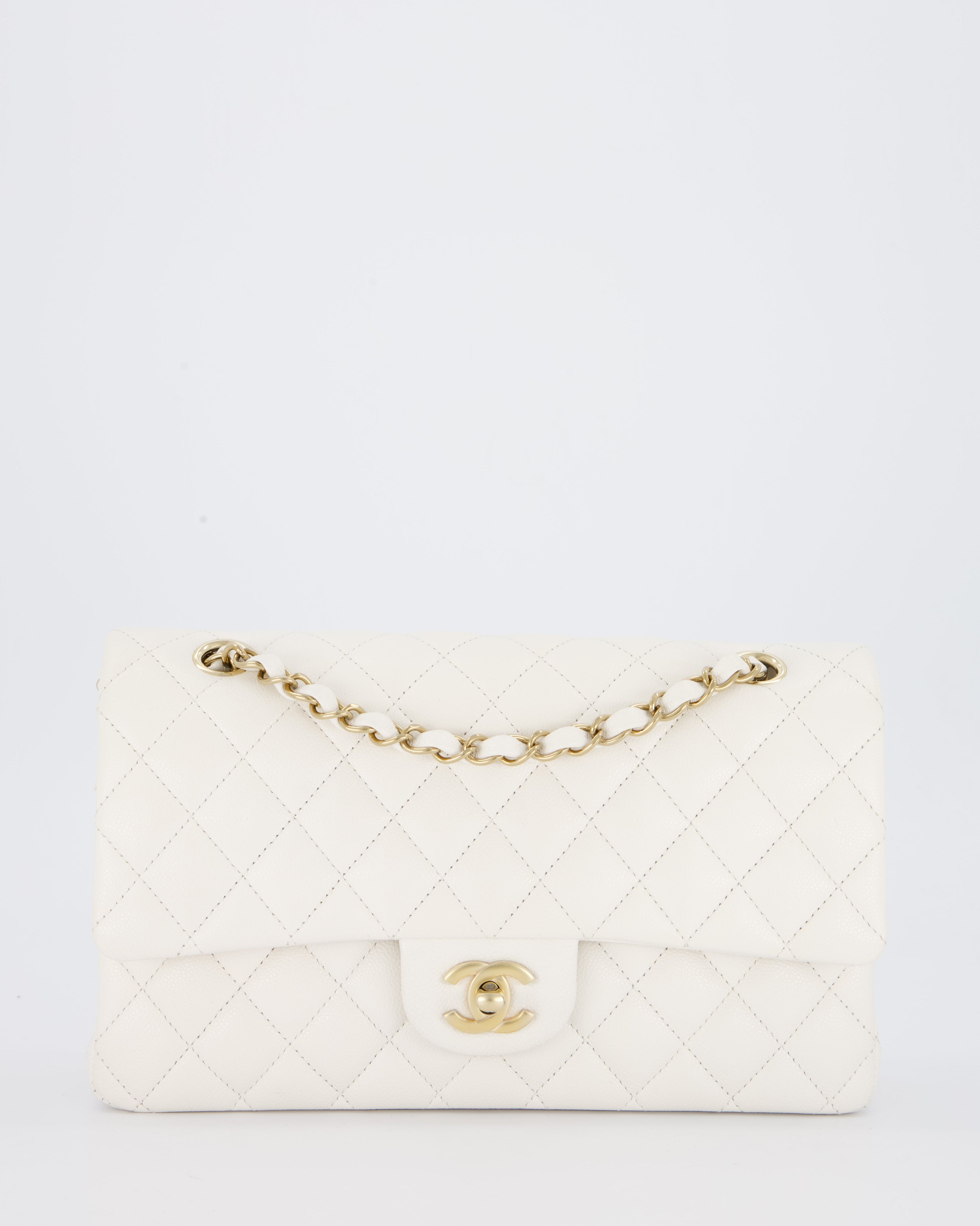 Chanel White Medium Classic Double Flap Bag in Caviar Leather with Champagne Gold Hardware