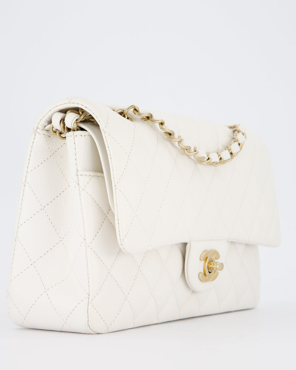Chanel White Medium Classic Double Flap Bag in Caviar Leather with Champagne Gold Hardware