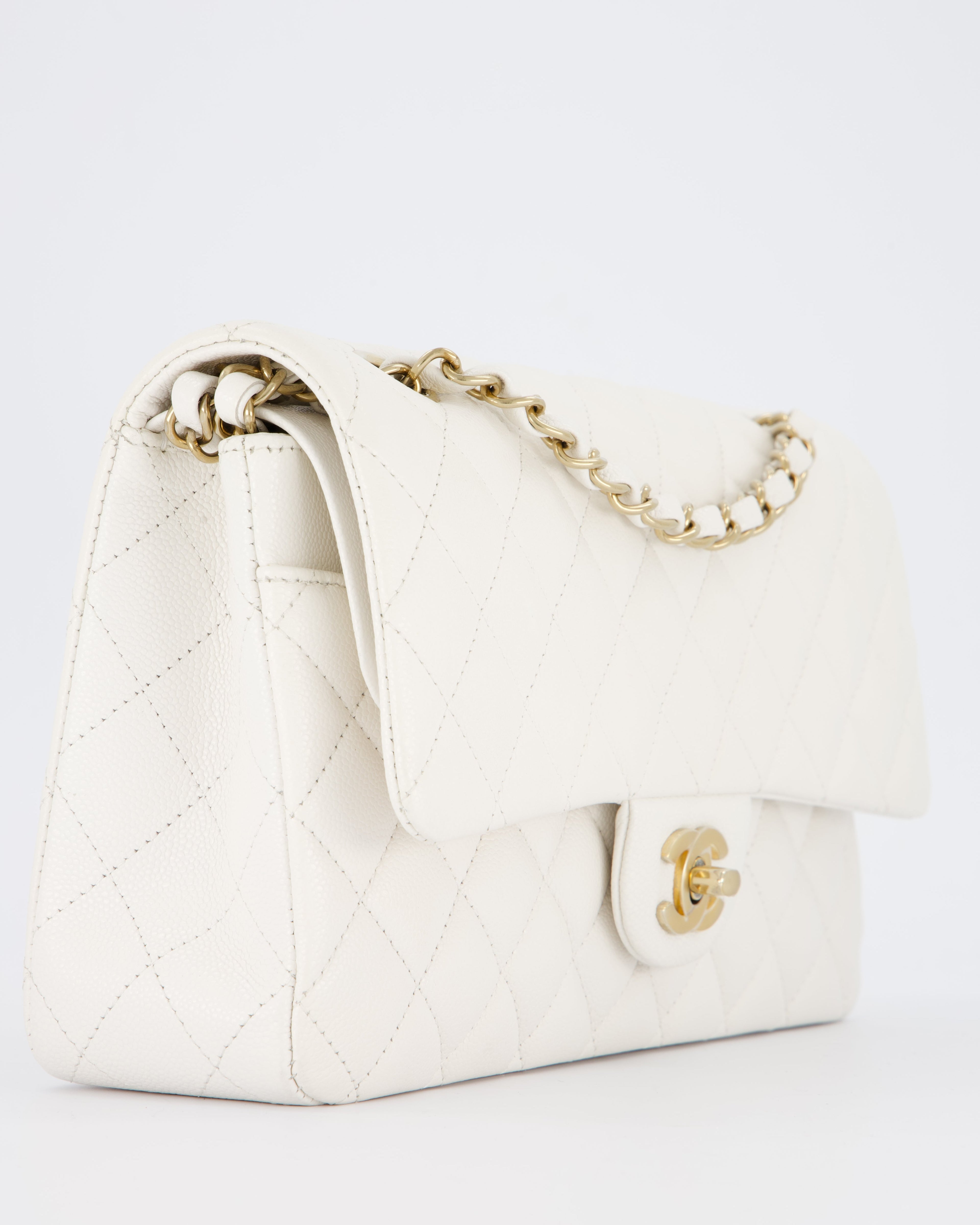 Chanel White Medium Classic Double Flap Bag in Caviar Leather with Champagne Gold Hardware