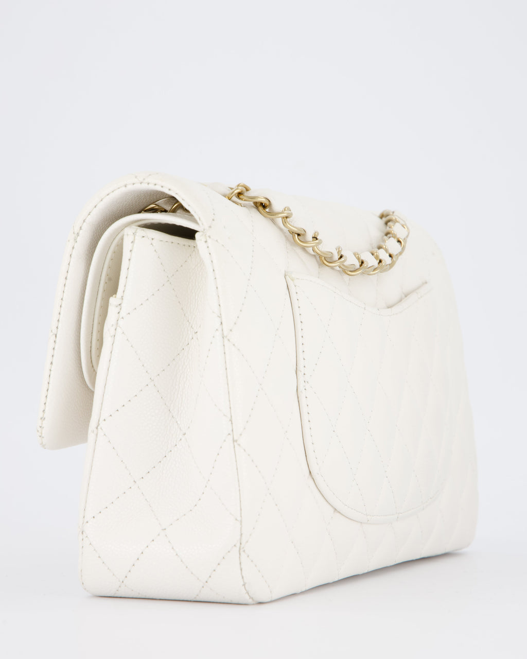 Chanel White Medium Classic Double Flap Bag in Caviar Leather with Champagne Gold Hardware