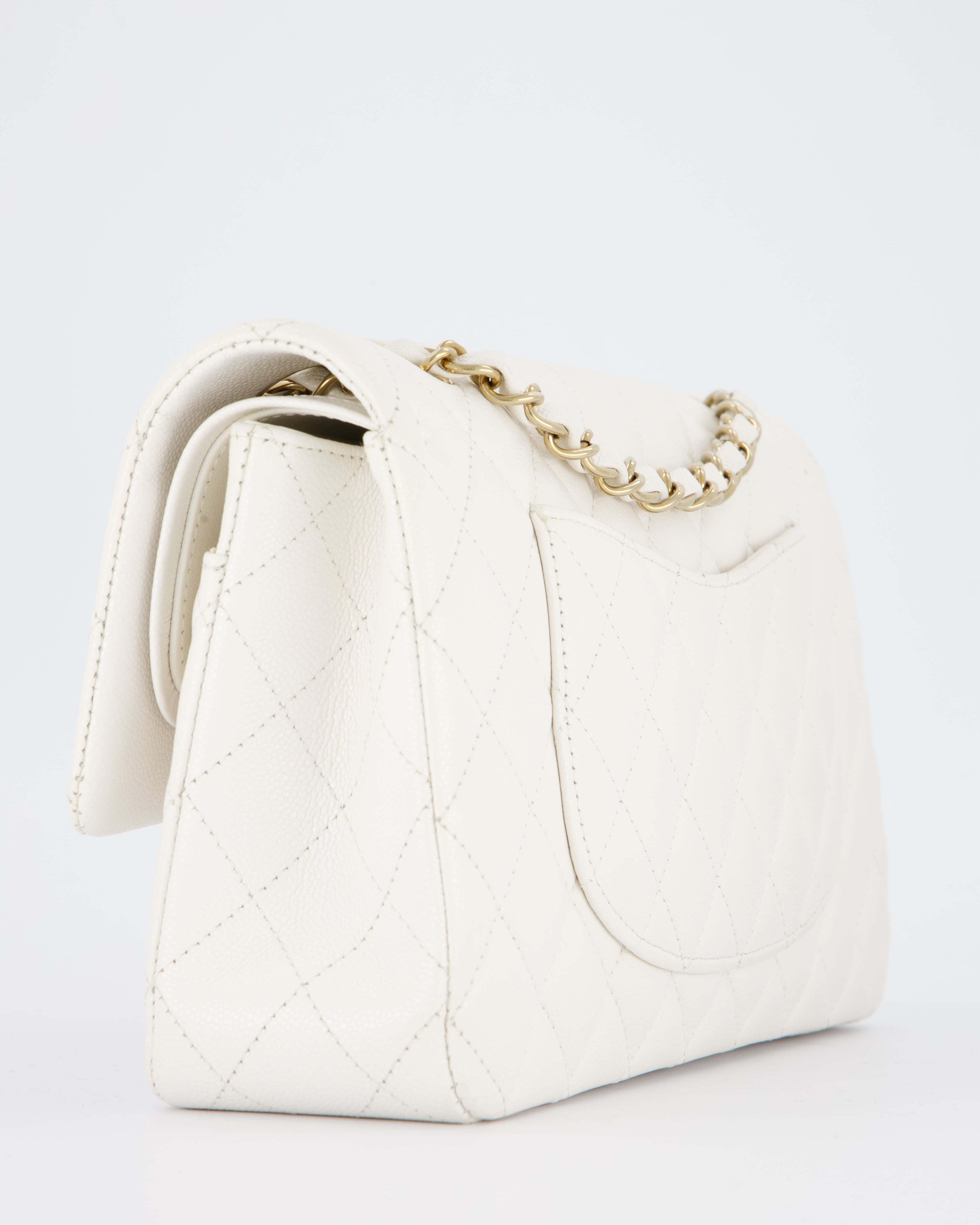 Chanel White Medium Classic Double Flap Bag in Caviar Leather with Champagne Gold Hardware
