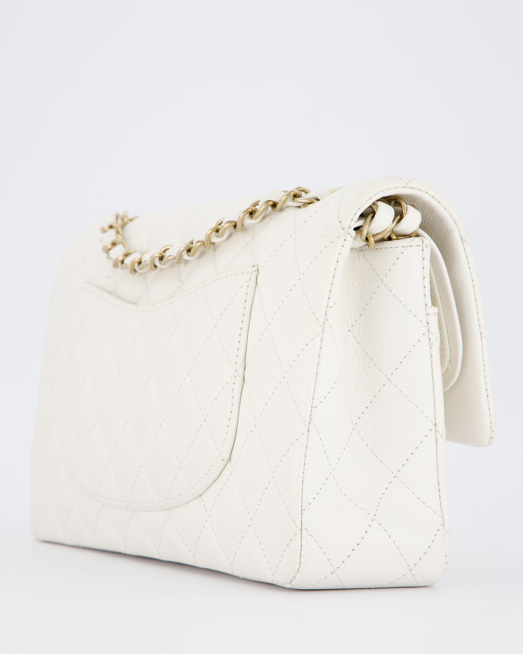 Chanel White Medium Classic Double Flap Bag in Caviar Leather with Champagne Gold Hardware