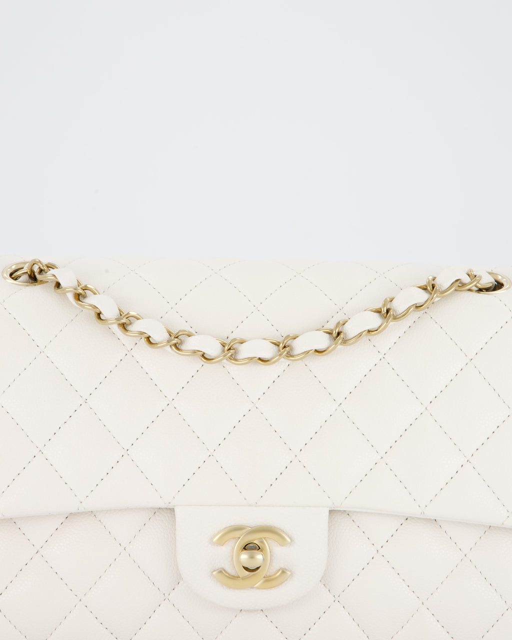 Chanel White Medium Classic Double Flap Bag in Caviar Leather with Champagne Gold Hardware
