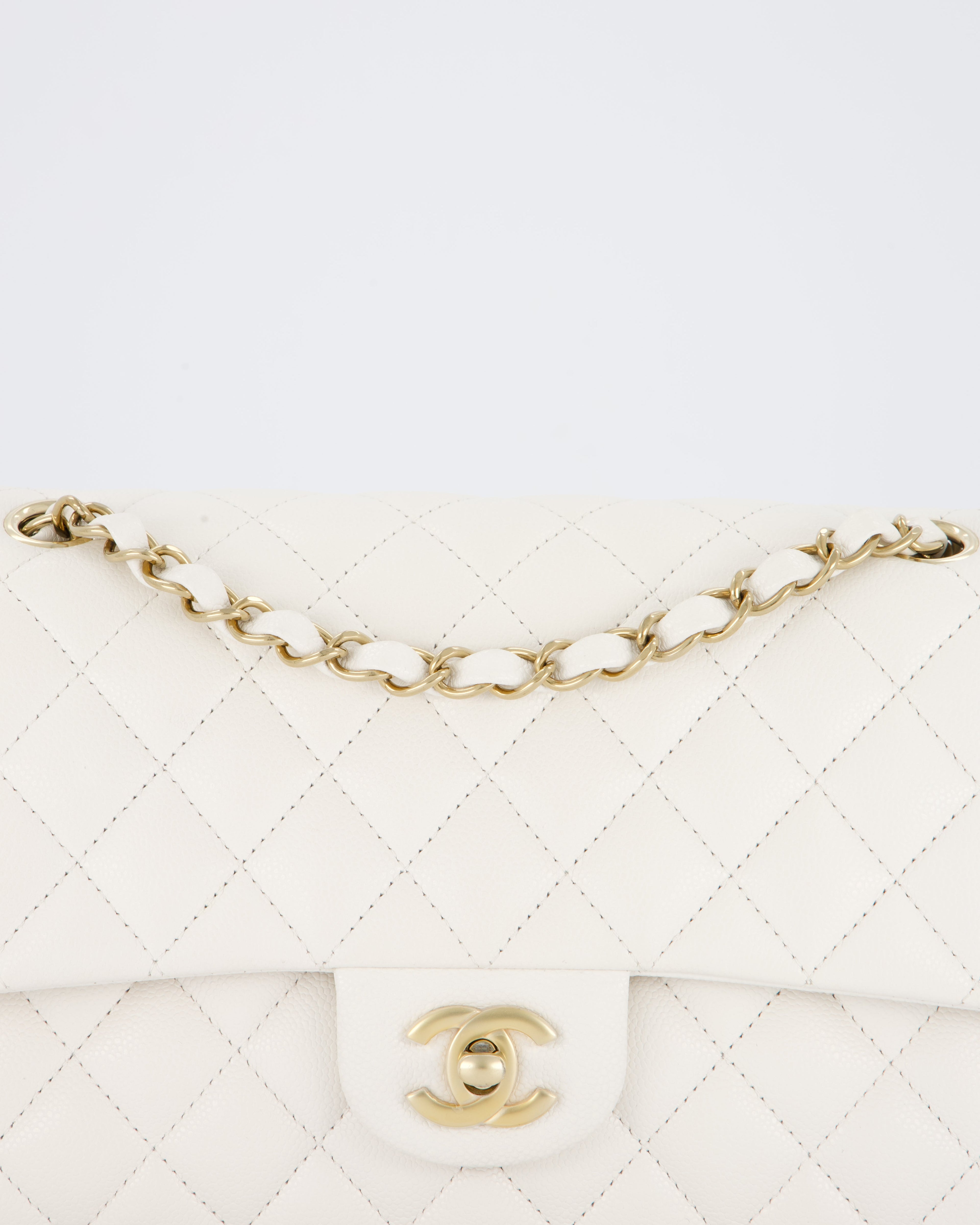 Chanel White Medium Classic Double Flap Bag in Caviar Leather with Champagne Gold Hardware