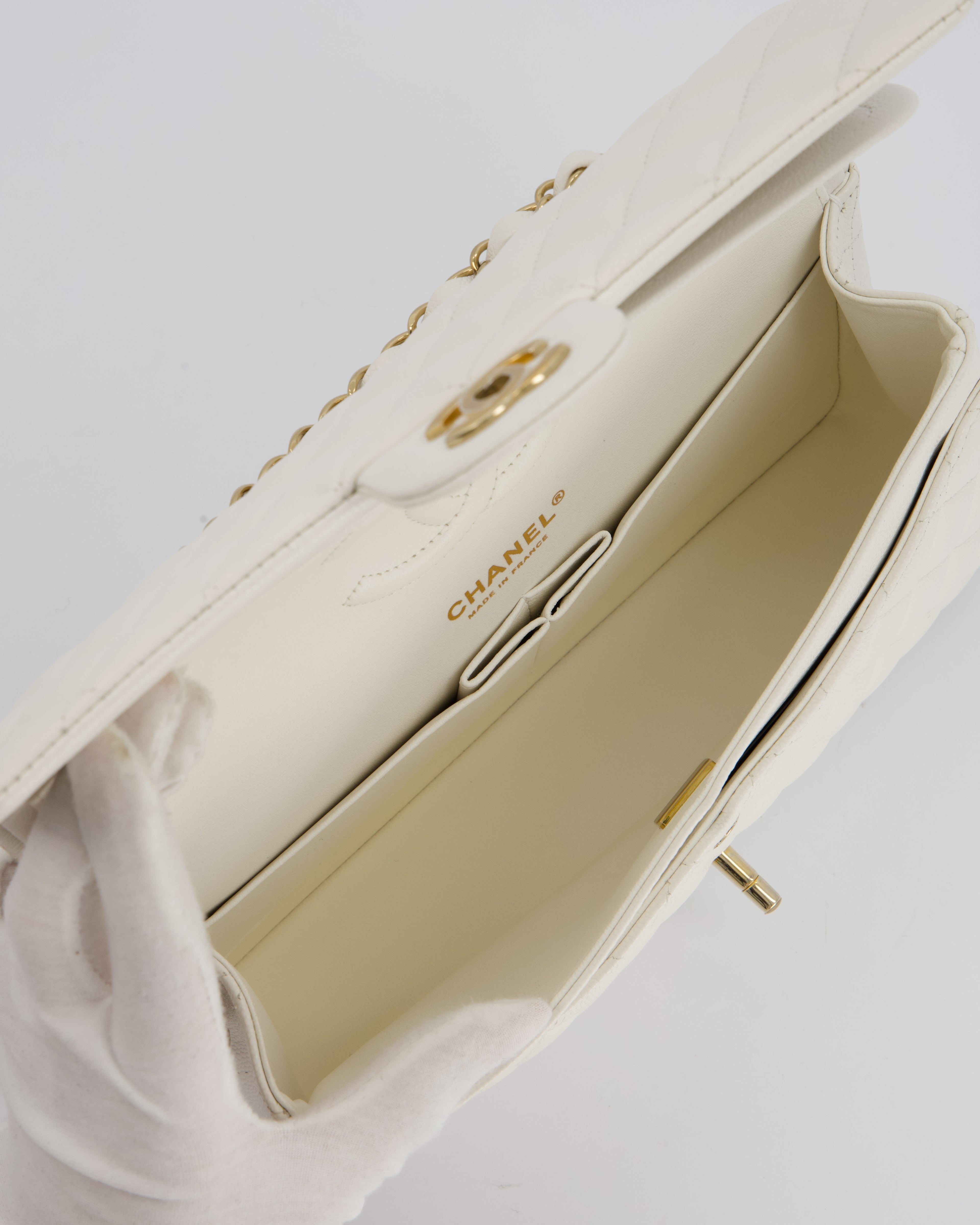 Chanel White Medium Classic Double Flap Bag in Caviar Leather with Champagne Gold Hardware