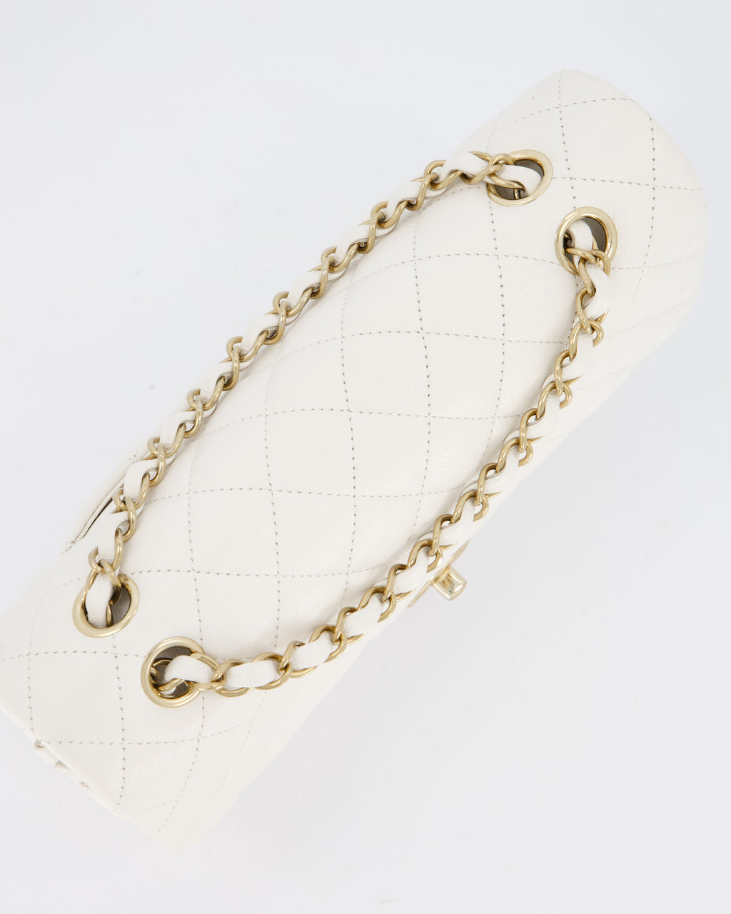Chanel White Medium Classic Double Flap Bag in Caviar Leather with Champagne Gold Hardware