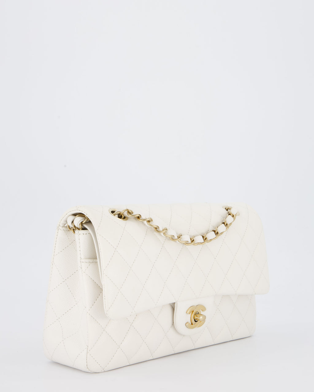 Chanel White Medium Classic Double Flap Bag in Caviar Leather with Champagne Gold Hardware