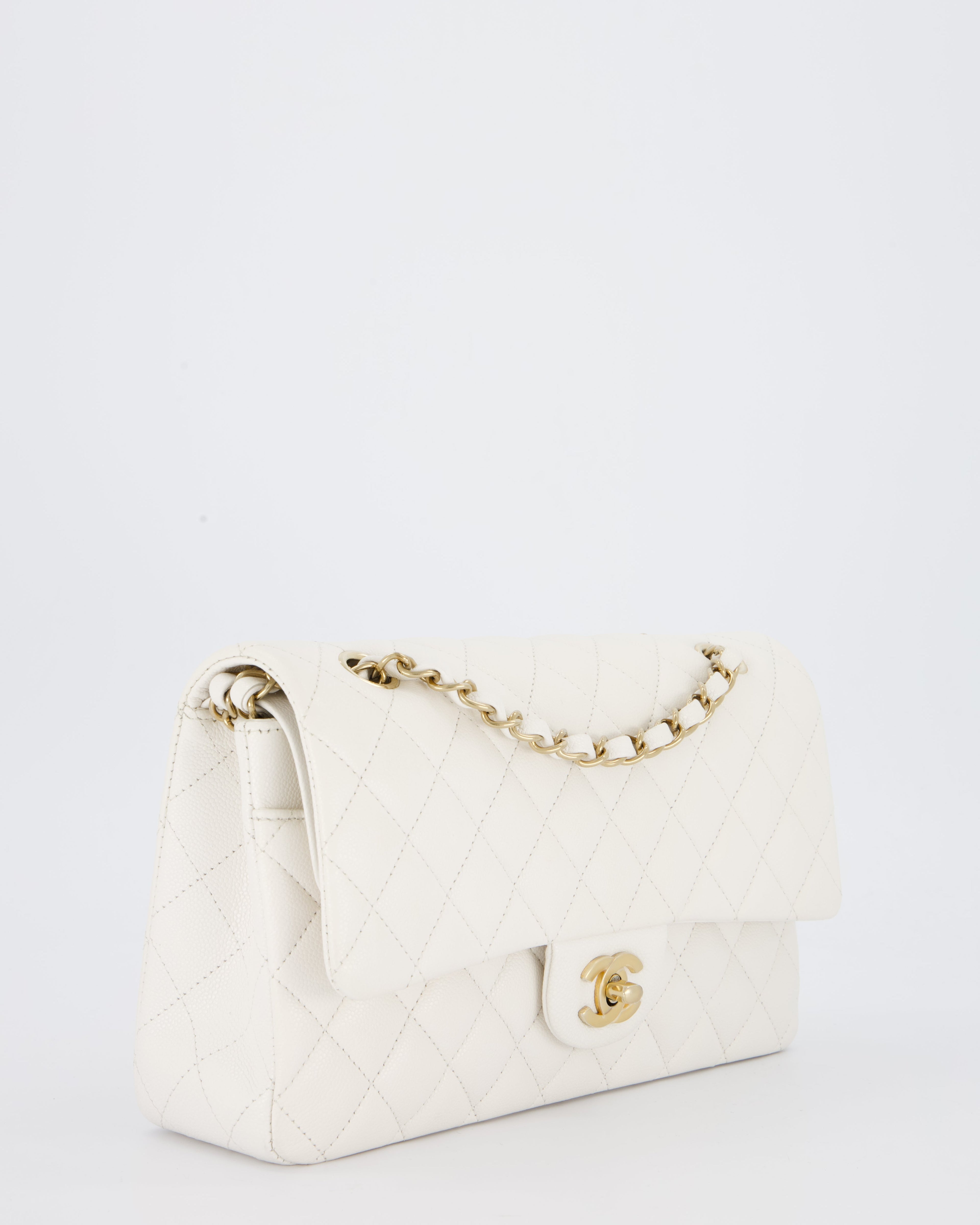 Chanel White Medium Classic Double Flap Bag in Caviar Leather with Champagne Gold Hardware