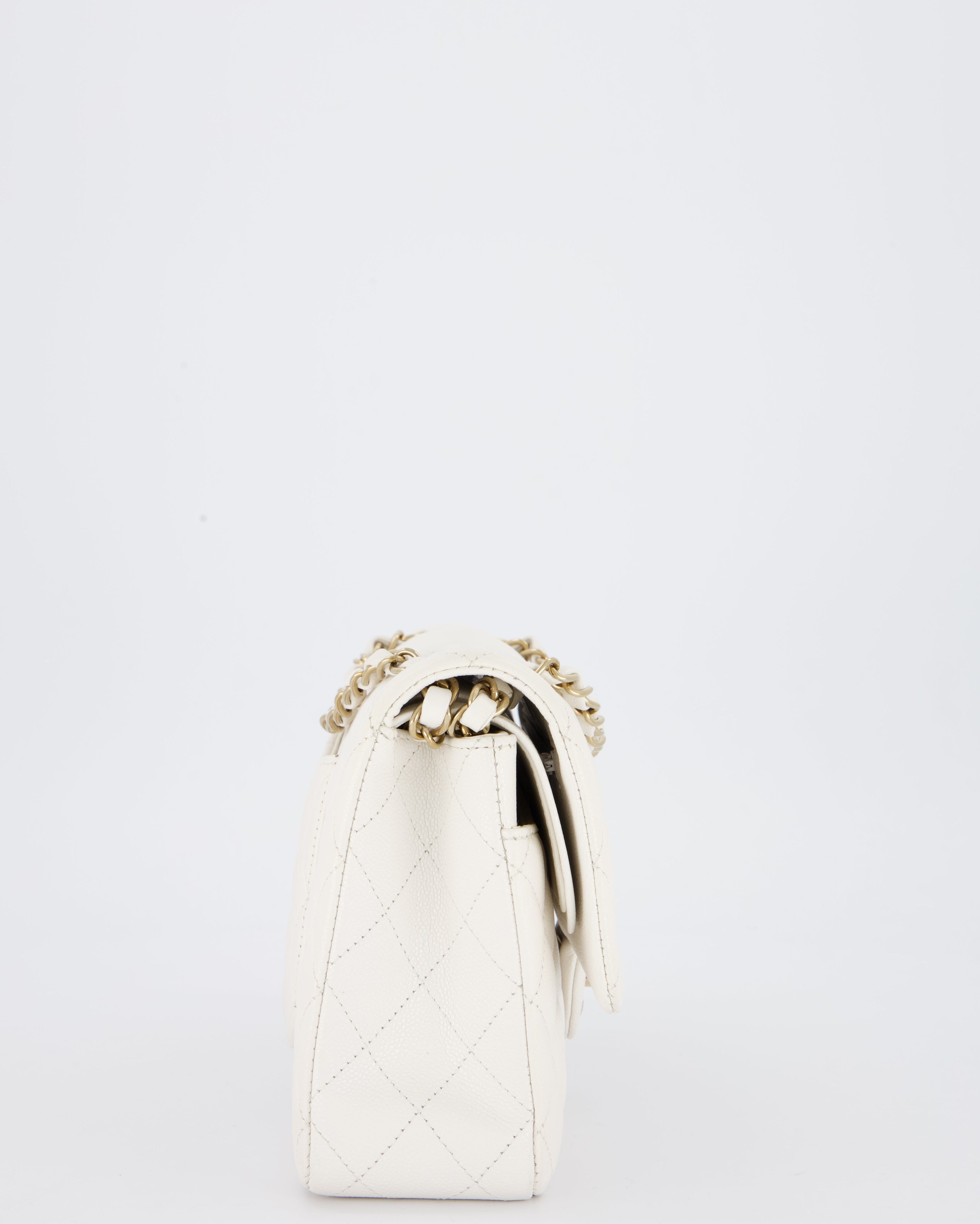 Chanel White Medium Classic Double Flap Bag in Caviar Leather with Champagne Gold Hardware