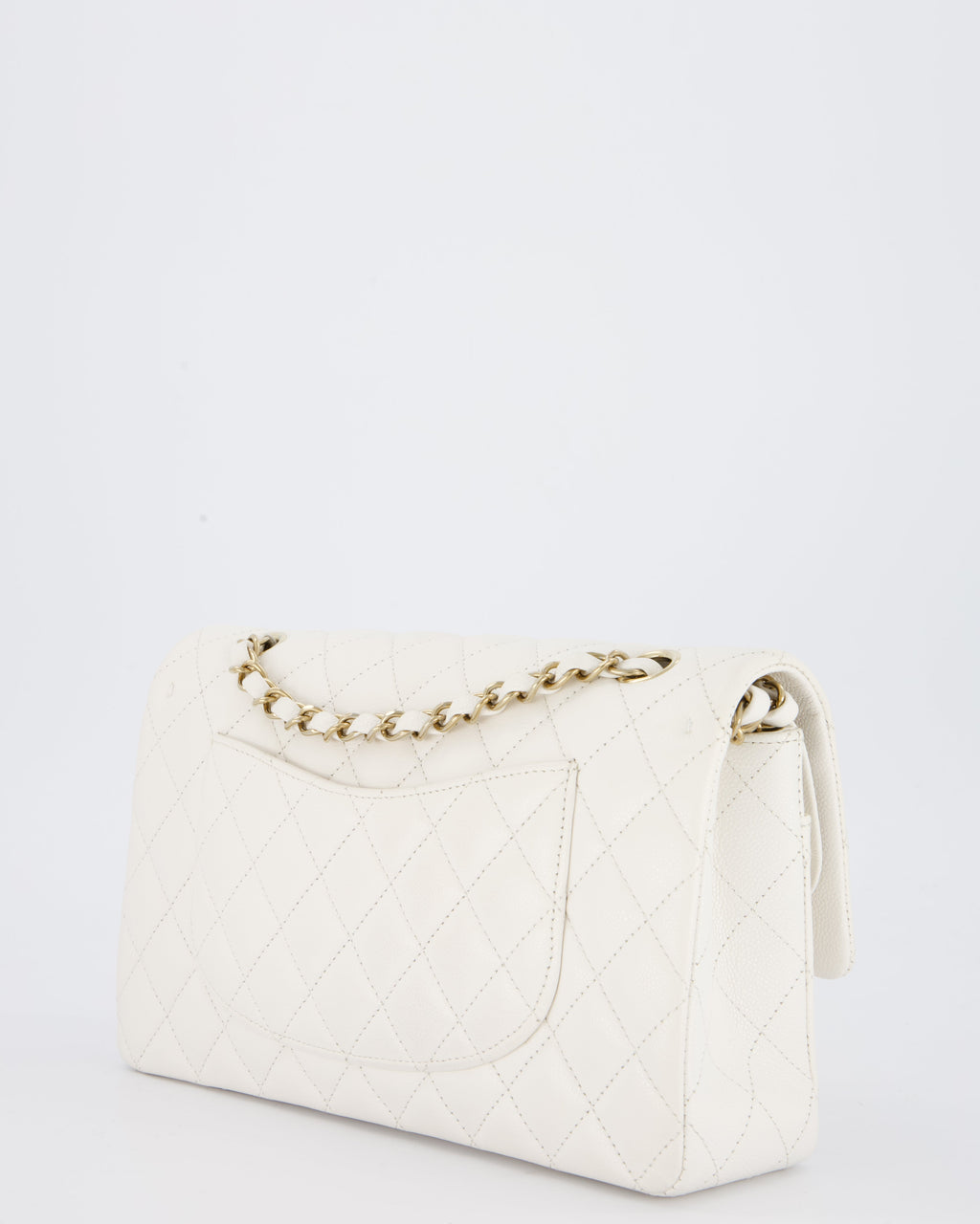 Chanel White Medium Classic Double Flap Bag in Caviar Leather with Champagne Gold Hardware