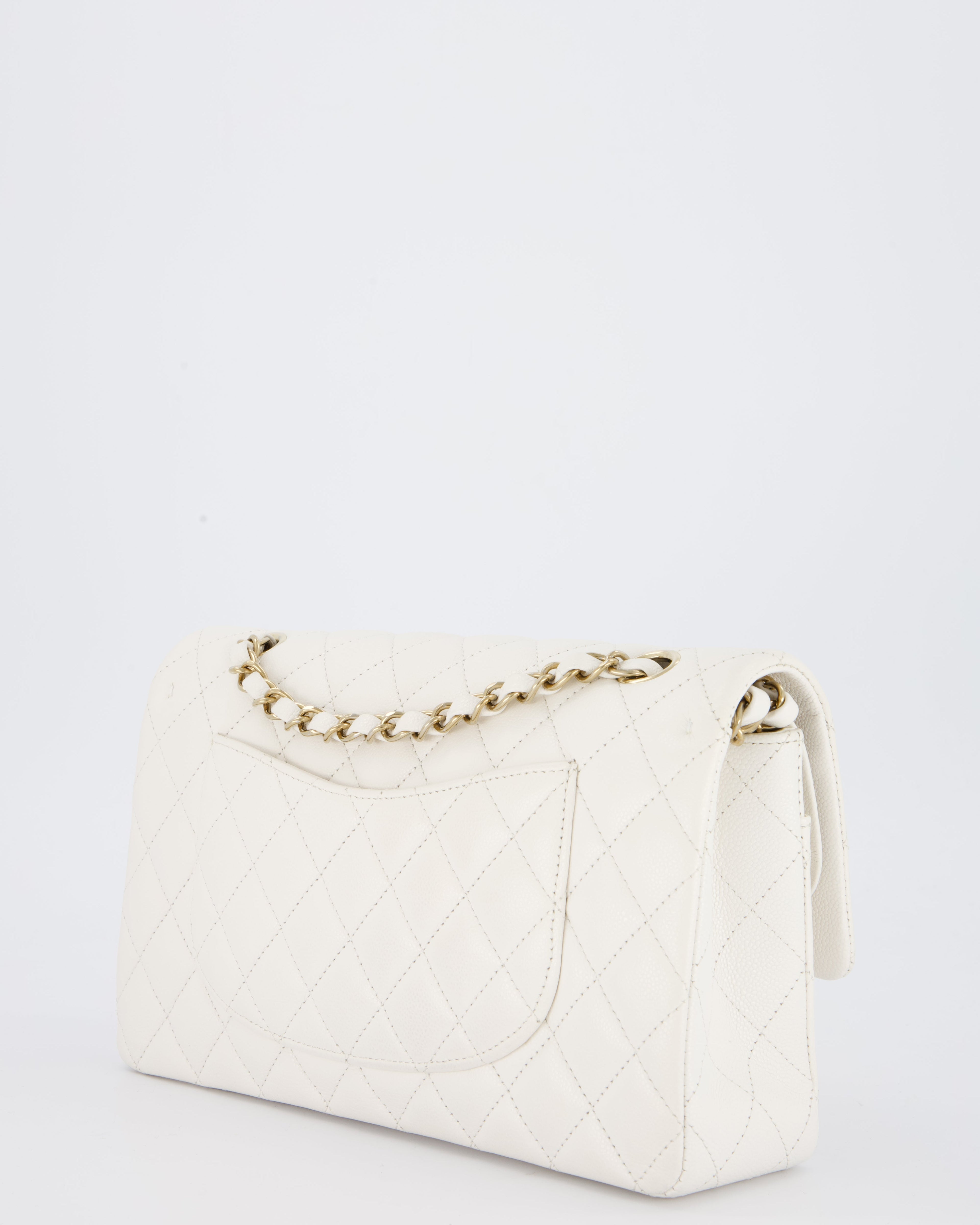 Chanel White Medium Classic Double Flap Bag in Caviar Leather with Champagne Gold Hardware