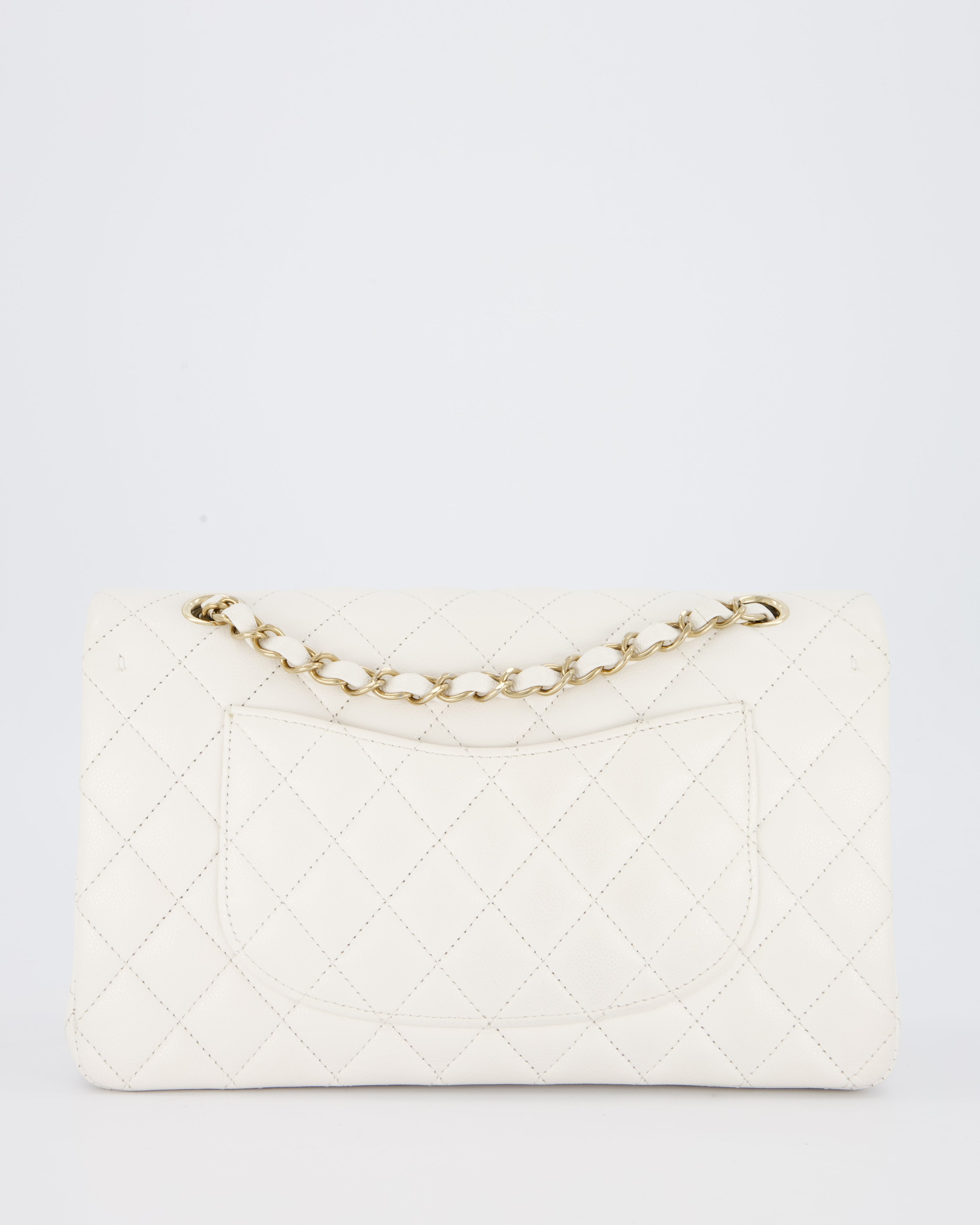 Chanel White Medium Classic Double Flap Bag in Caviar Leather with Champagne Gold Hardware