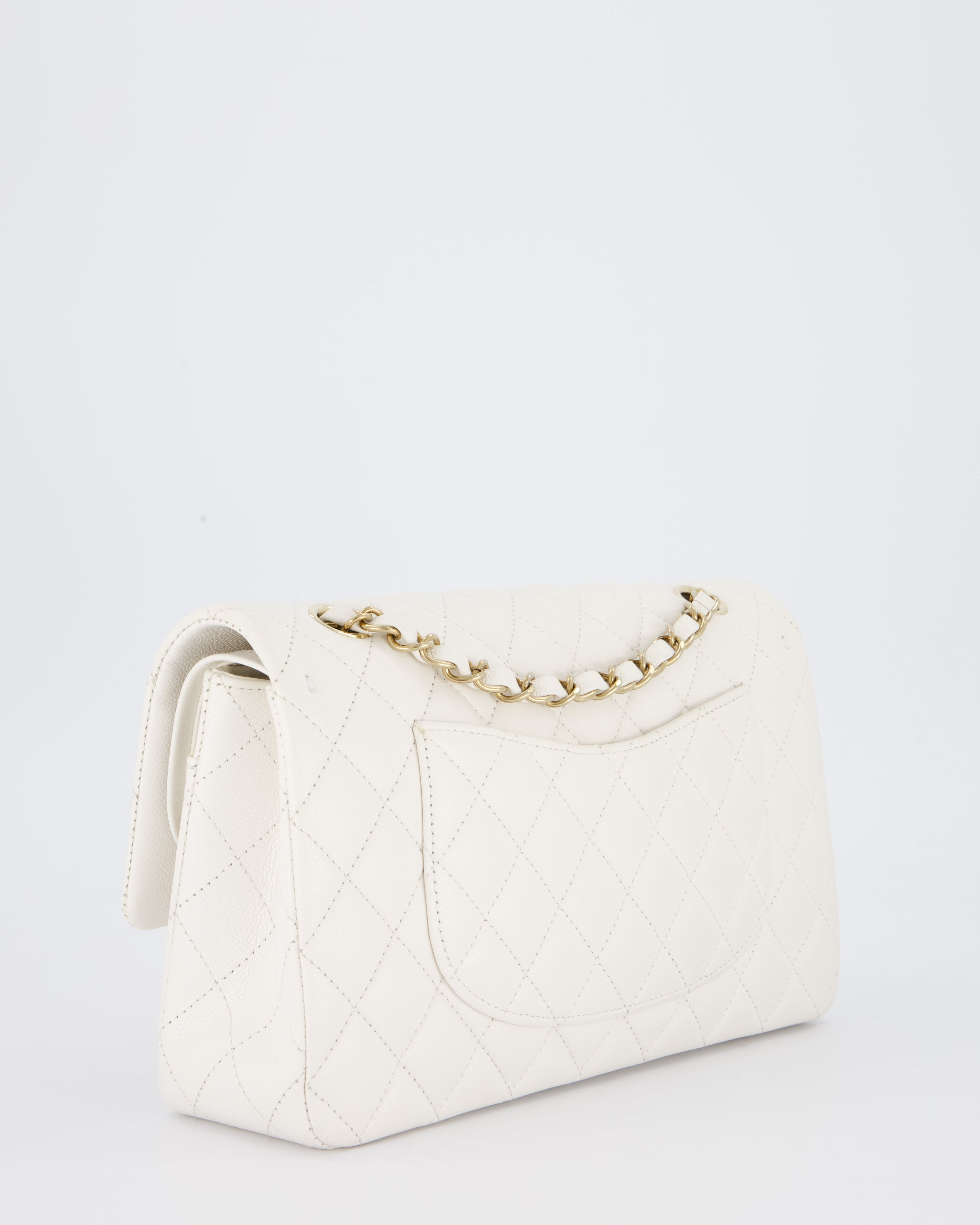 Chanel White Medium Classic Double Flap Bag in Caviar Leather with Champagne Gold Hardware