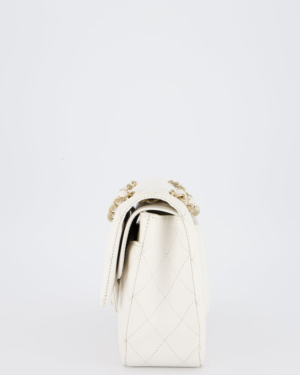 Chanel White Medium Classic Double Flap Bag in Caviar Leather with Champagne Gold Hardware