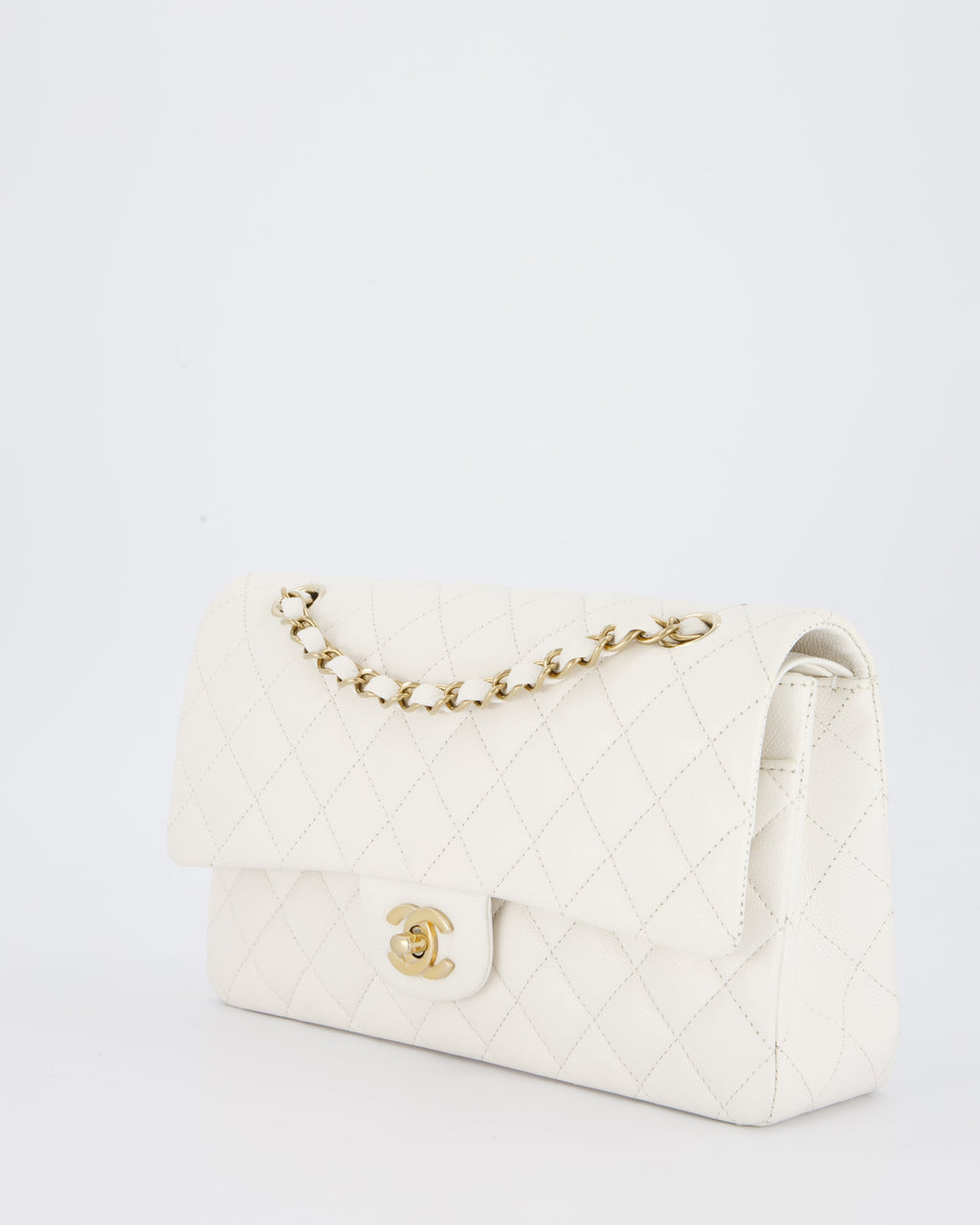 Chanel White Medium Classic Double Flap Bag in Caviar Leather with Champagne Gold Hardware