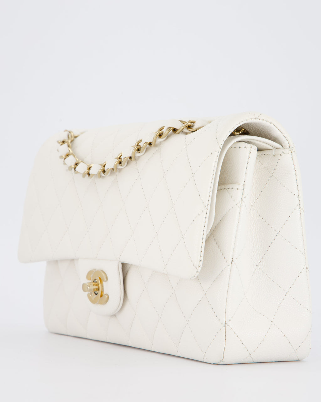Chanel White Medium Classic Double Flap Bag in Caviar Leather with Champagne Gold Hardware