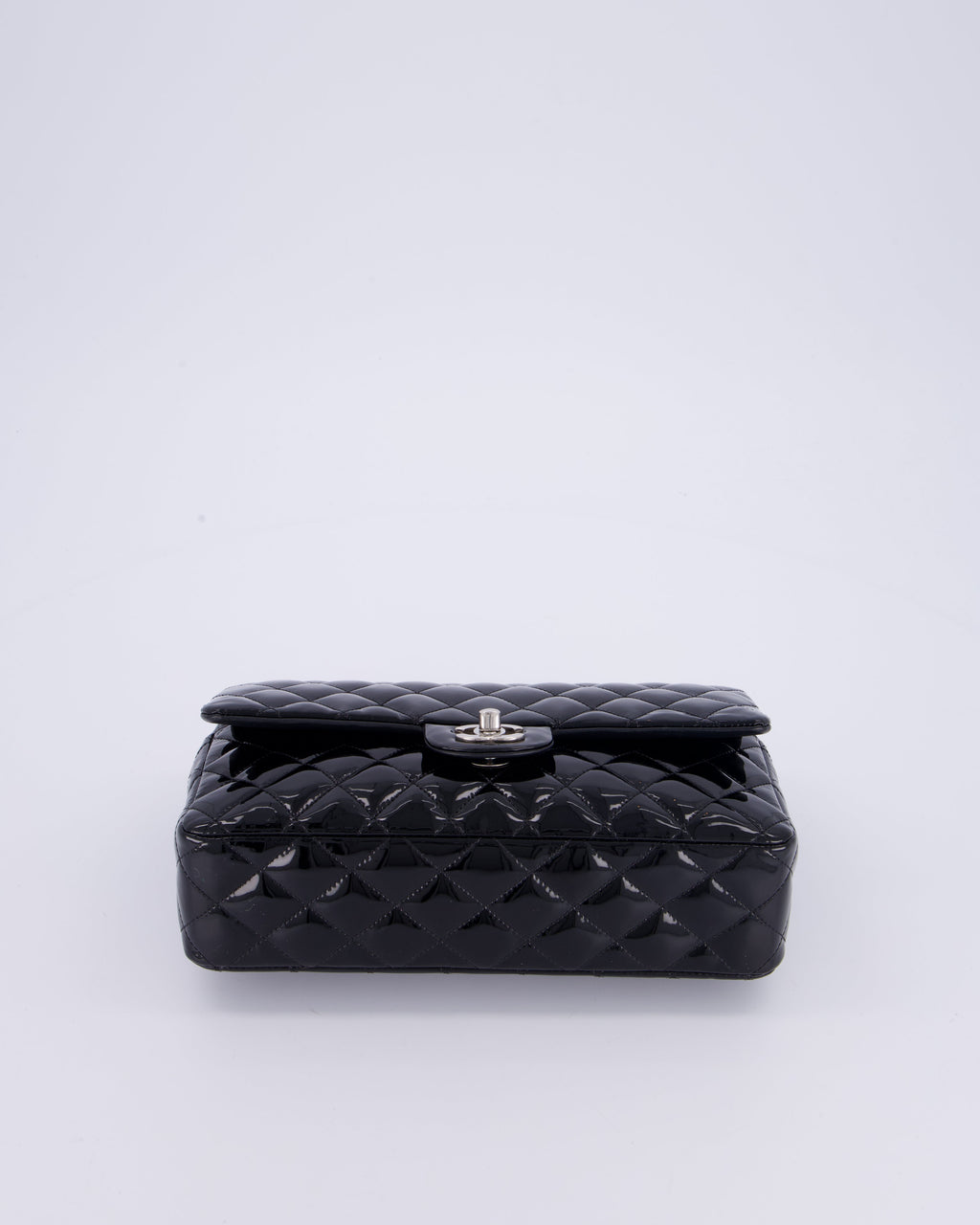 Chanel Medium Double Flap Bag in Black Patent Leather with Silver Hardware