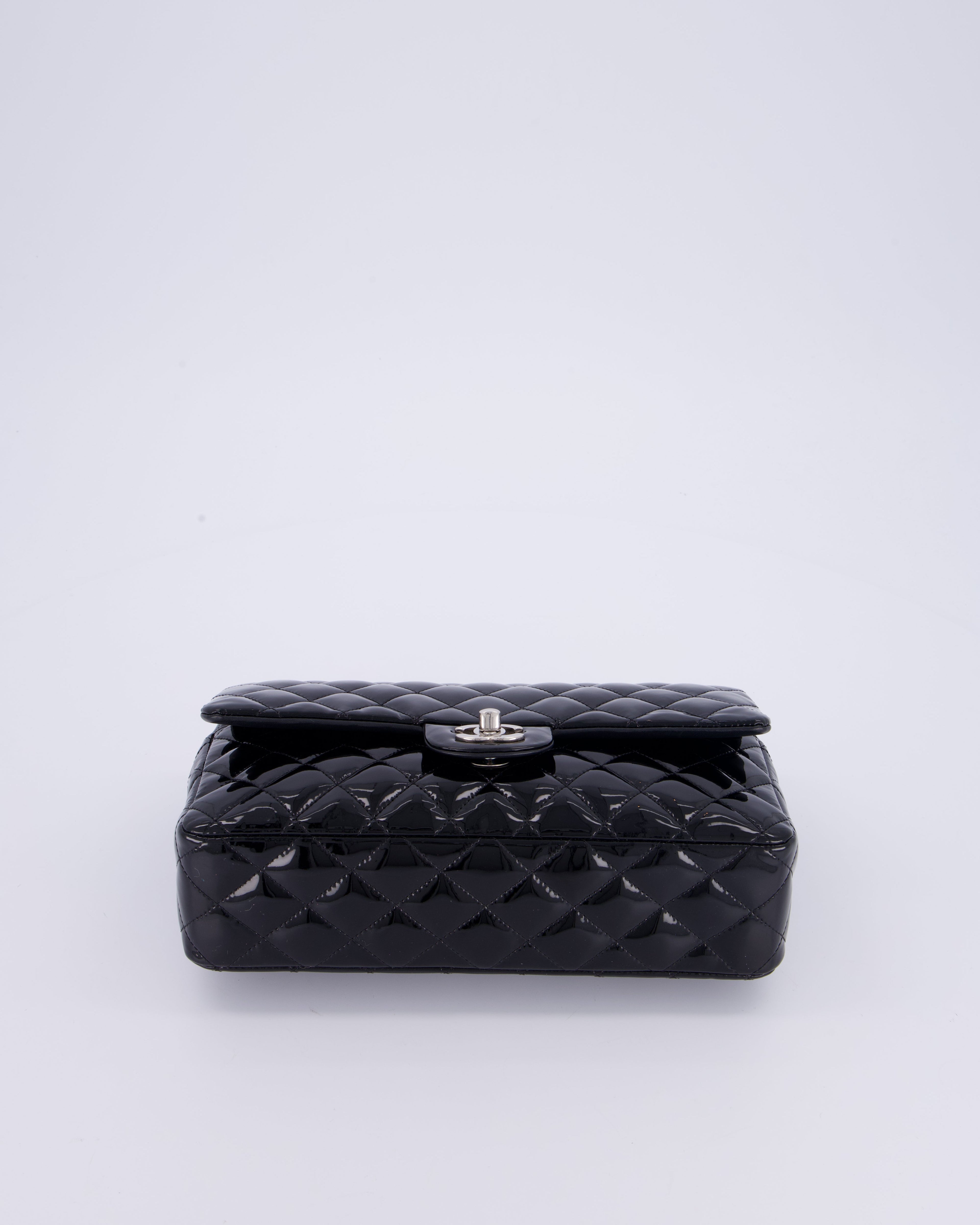 Chanel Medium Double Flap Bag in Black Patent Leather with Silver Hardware