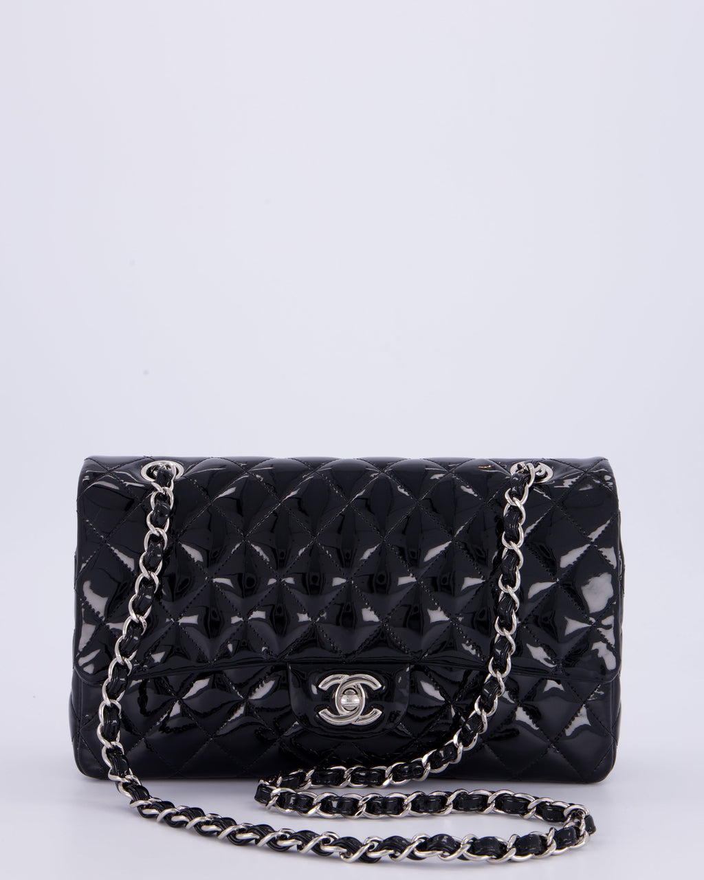 Chanel Medium Double Flap Bag in Black Patent Leather with Silver Hardware