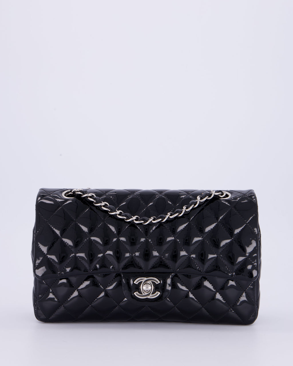Chanel Medium Double Flap Bag in Black Patent Leather with Silver Hardware