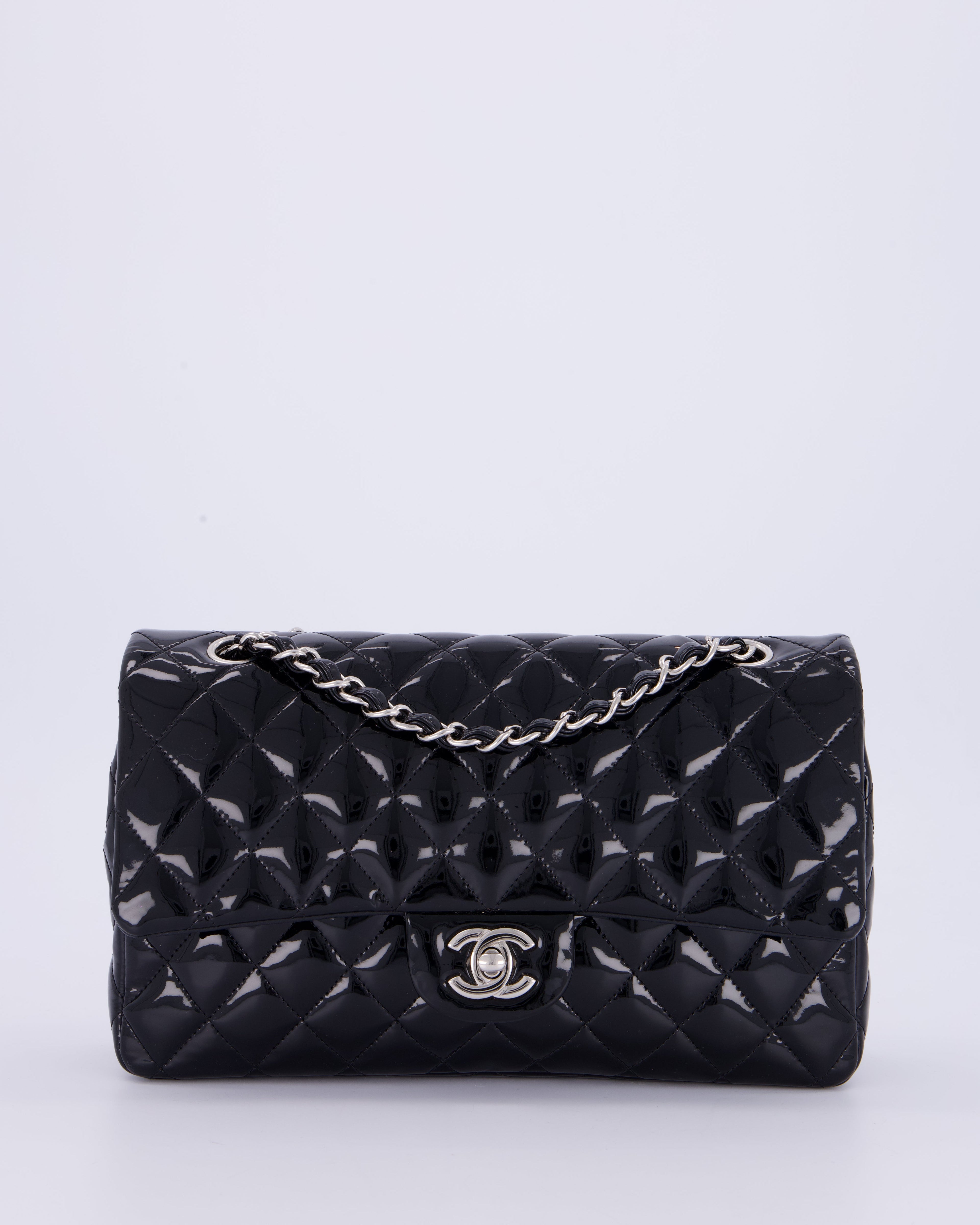Chanel Medium Double Flap Bag in Black Patent Leather with Silver Hardware