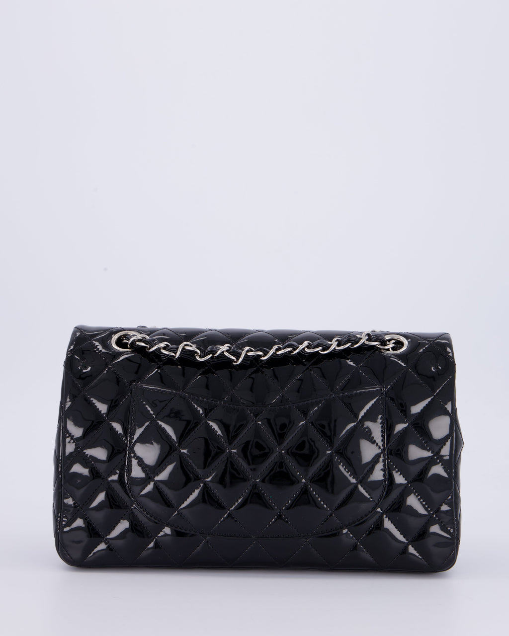 Chanel Medium Double Flap Bag in Black Patent Leather with Silver Hardware