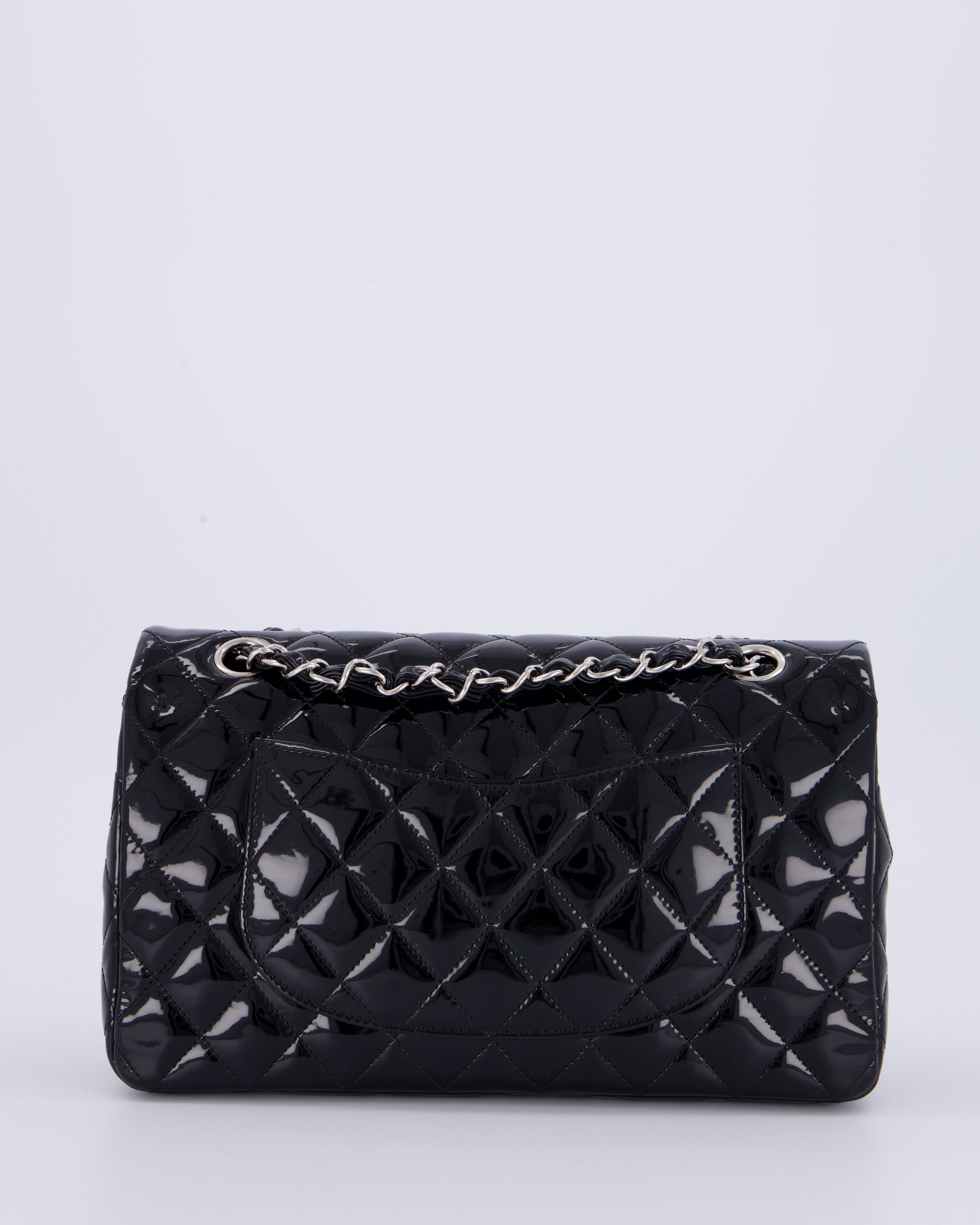 Chanel Medium Double Flap Bag in Black Patent Leather with Silver Hardware
