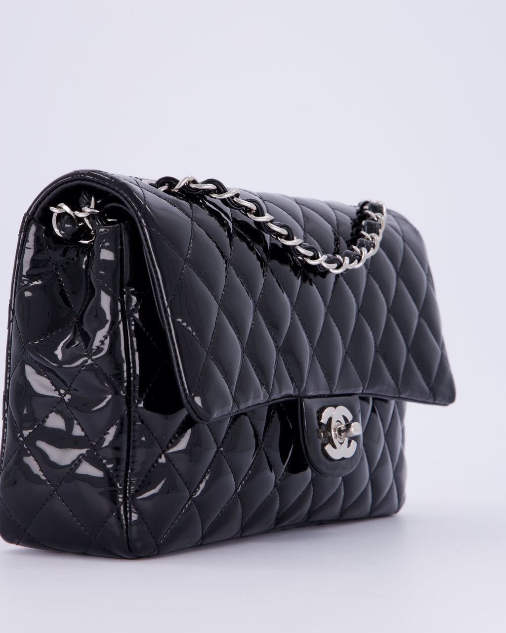 Chanel Medium Double Flap Bag in Black Patent Leather with Silver Hardware