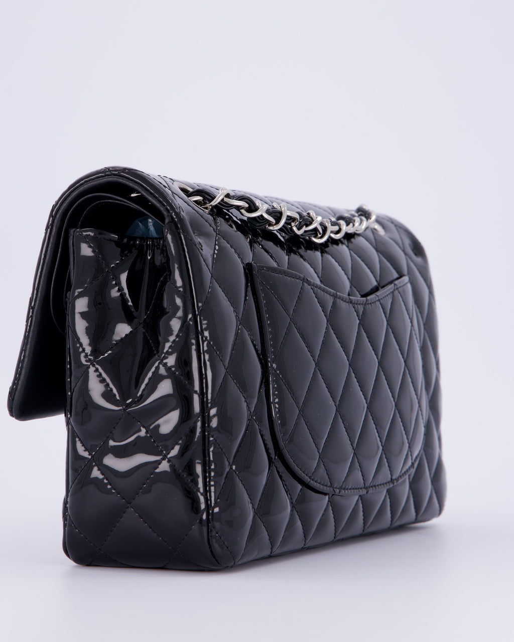 Chanel Medium Double Flap Bag in Black Patent Leather with Silver Hardware